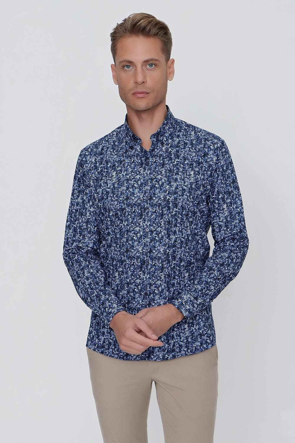 Slim Fit %100 Pamuk Düğmeli Yaka Desenli Lacivert Gömlek G 1521