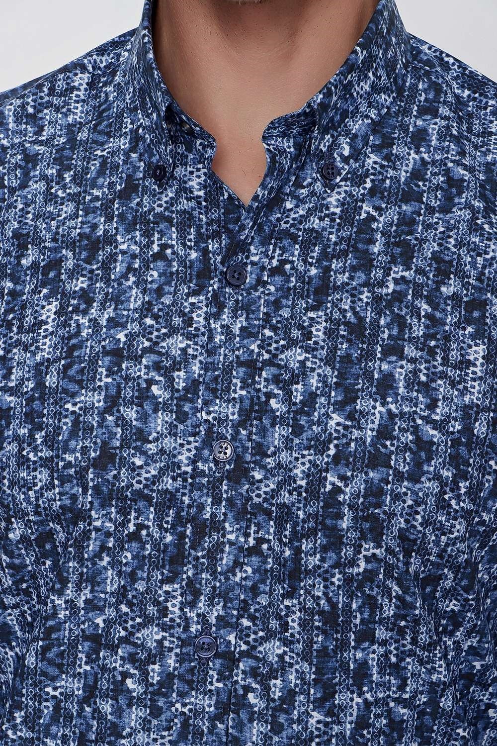 Slim Fit %100 Pamuk Düğmeli Yaka Desenli Lacivert Gömlek G 1521
