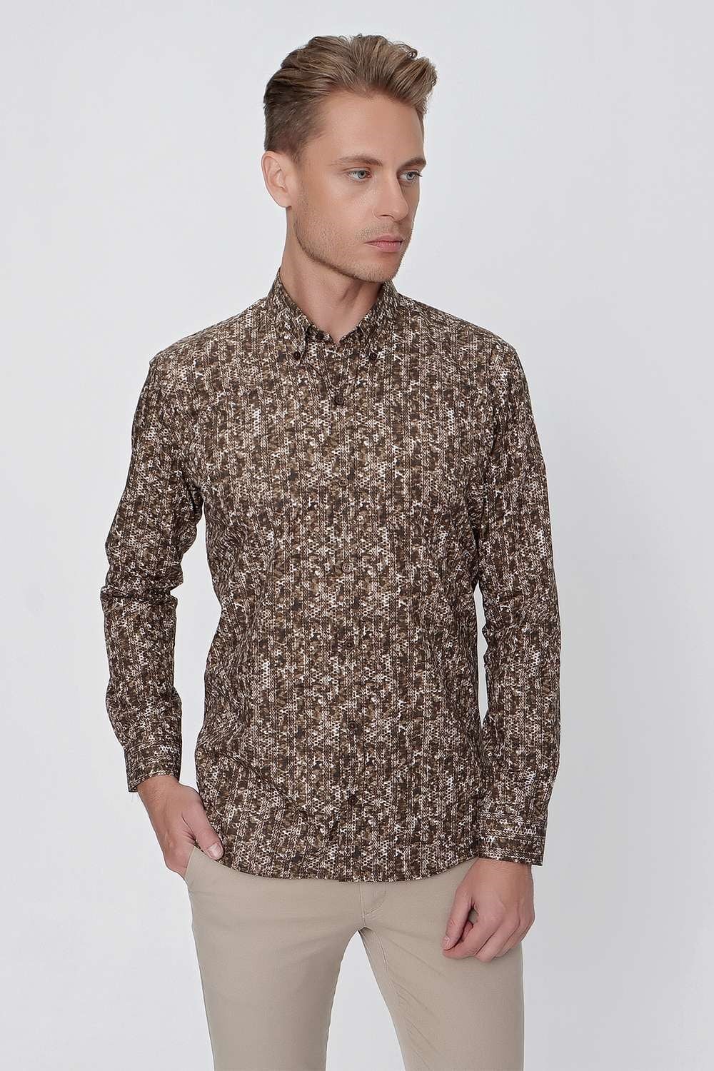 Slim Fit %100 Pamuk Düğmeli Yaka Desenli Tütün Gömlek G 1521