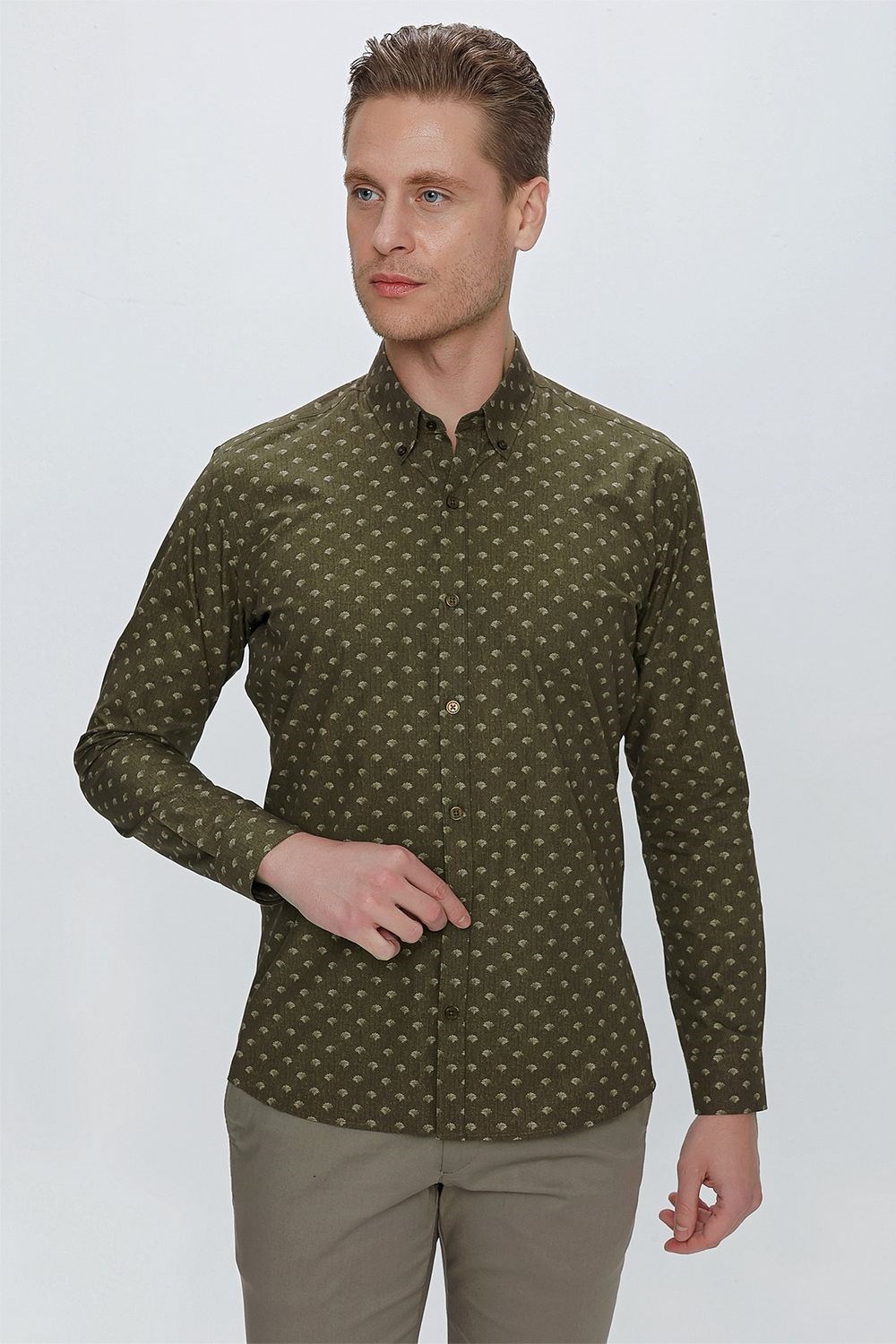 Slim Fit %100 Pamuk Düğmeli Yaka Desenli Haki Gömlek G 1518