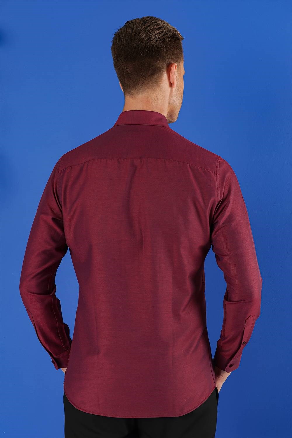 Slim Fit %100 Pamuk Düğmeli Yaka Oxfort Bordo Gömlek GK 685