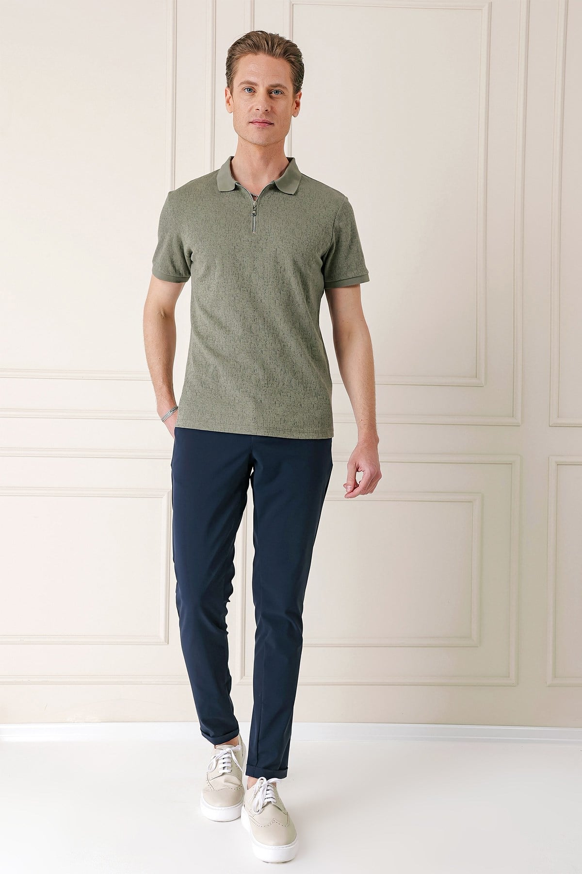 Slim Fit %100 Pamuk Fermuarlı Polo Yaka Haki Tişört TS 877