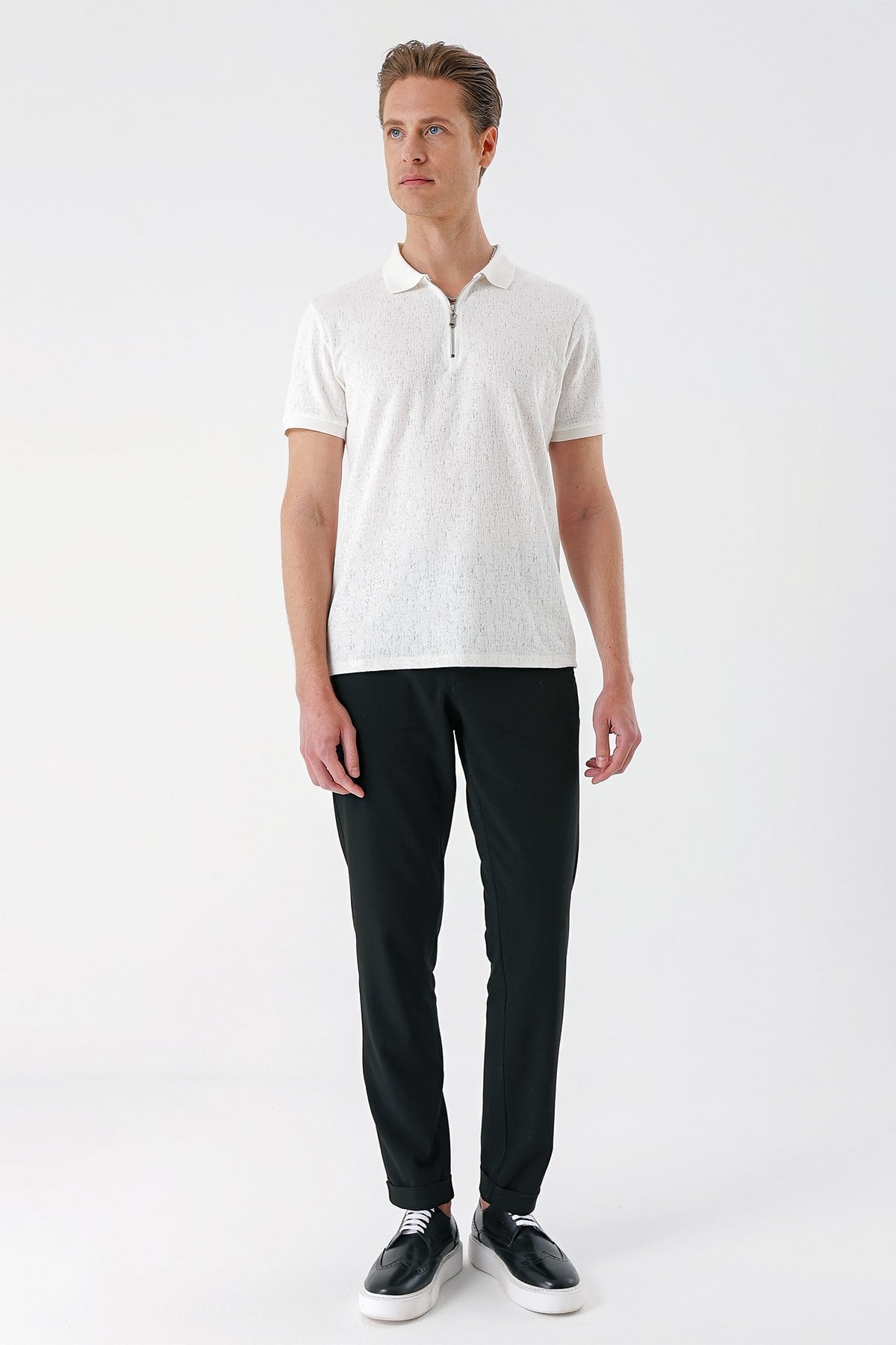Slim Fit %100 Pamuk Fermuarlı Polo Yaka Ekru Tişört TS 877