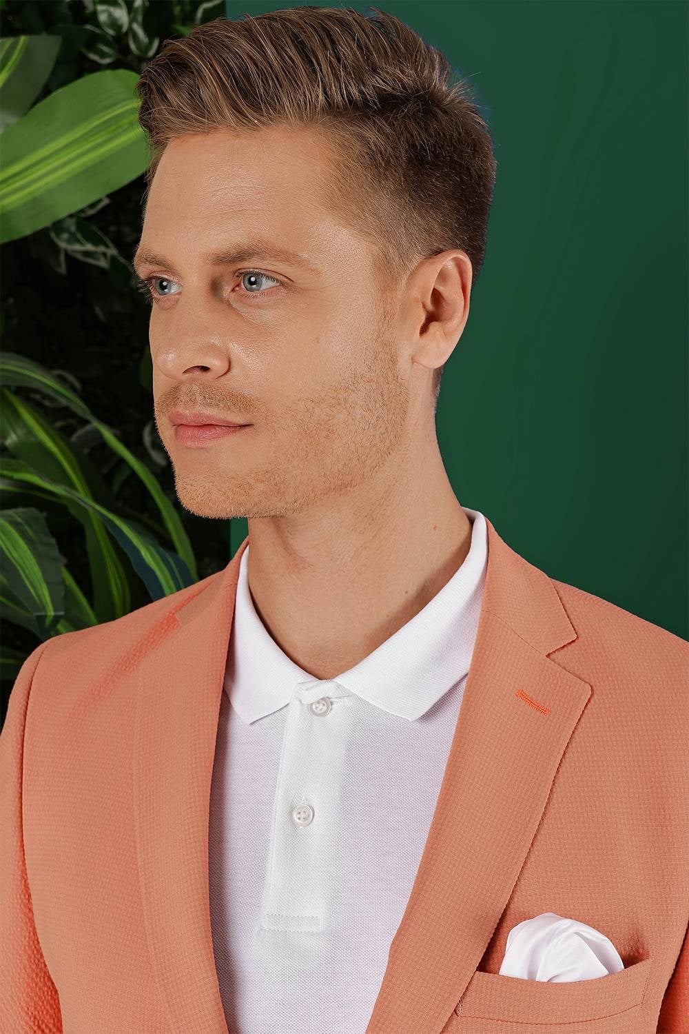 Slim Fit %100 Pamuk Gofre Kumaş Mercan Ceket C 647