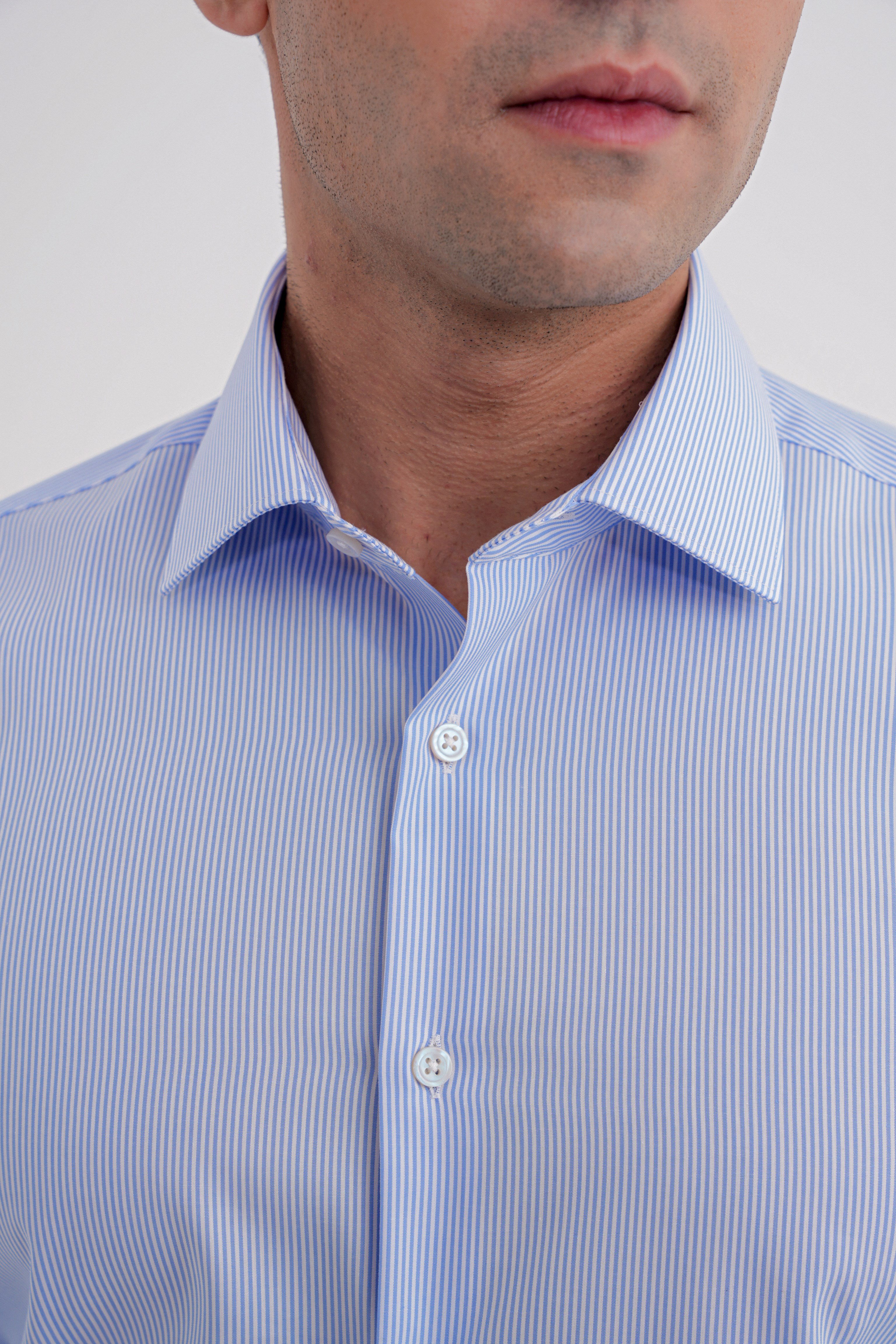 Slim Fit %100 Pamuk İtalyan Yaka Çizgili Açık Mavi Gömlek GK 751