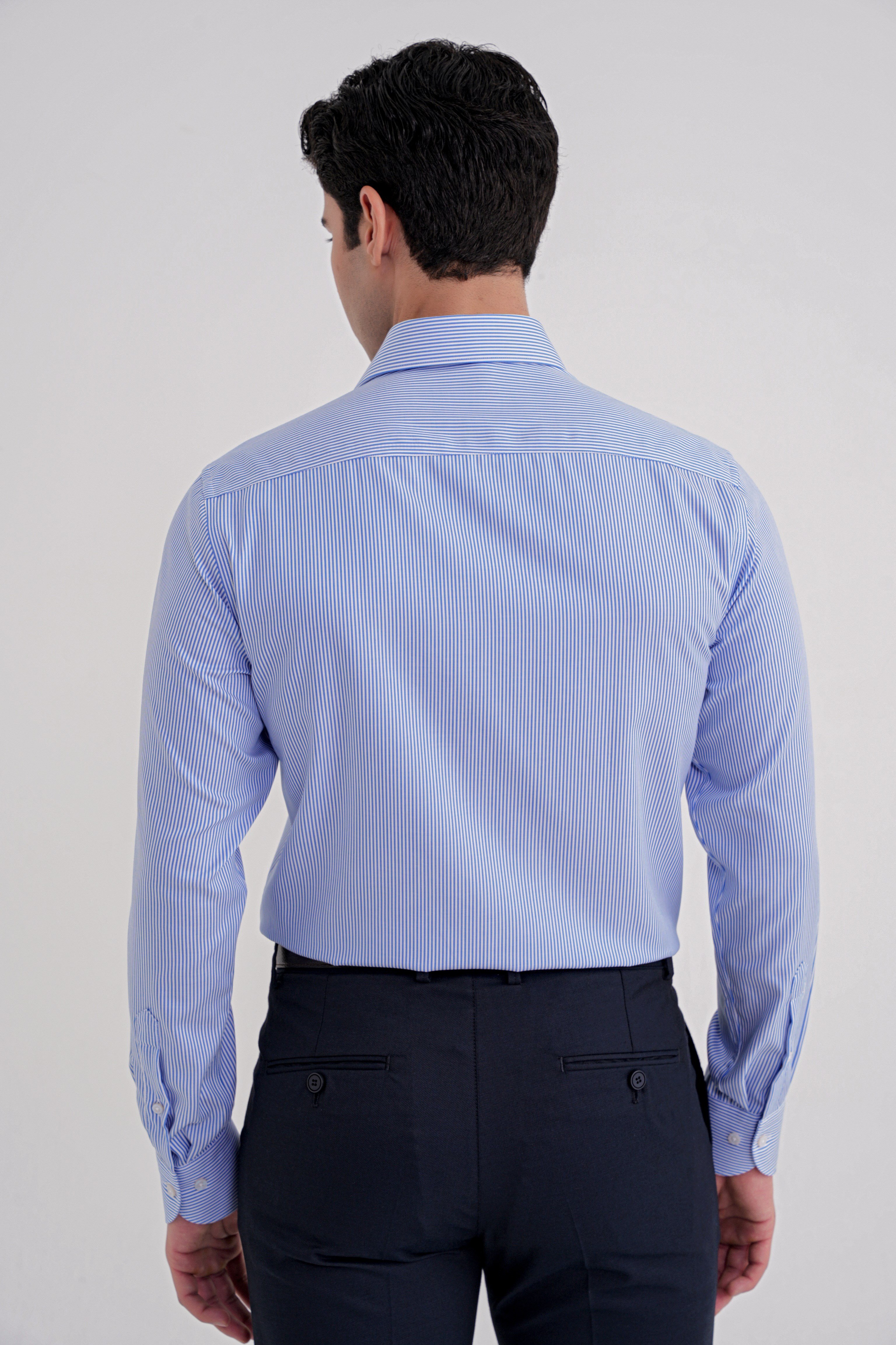 Slim Fit %100 Pamuk İtalyan Yaka Çizgili Mavi Gömlek GK 751