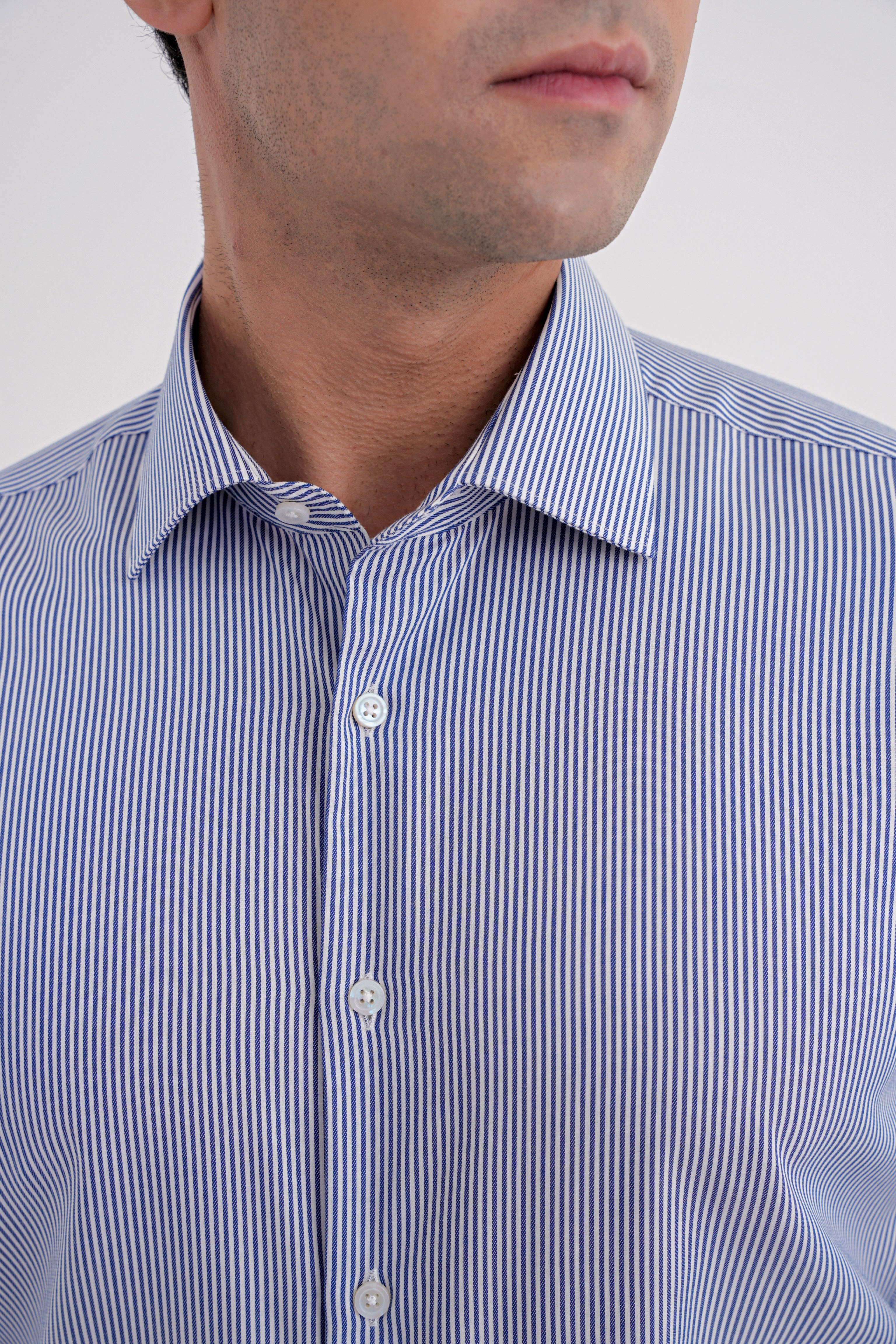 Slim Fit %100 Pamuk İtalyan Yaka Çizgili Lacivert Gömlek GK 751