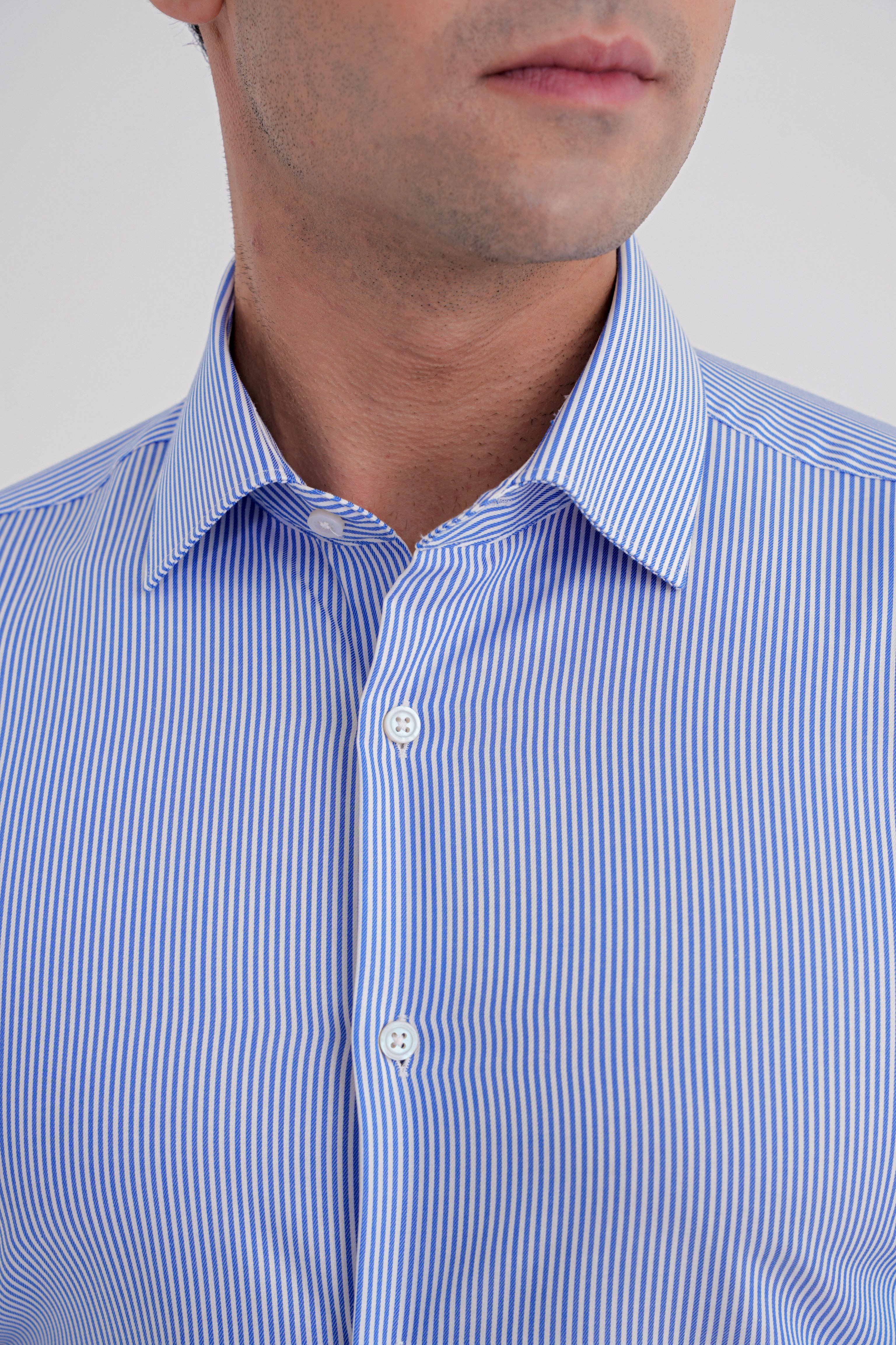 Slim Fit %100 Pamuk İtalyan Yaka Çizgili Mavi Gömlek GK 751
