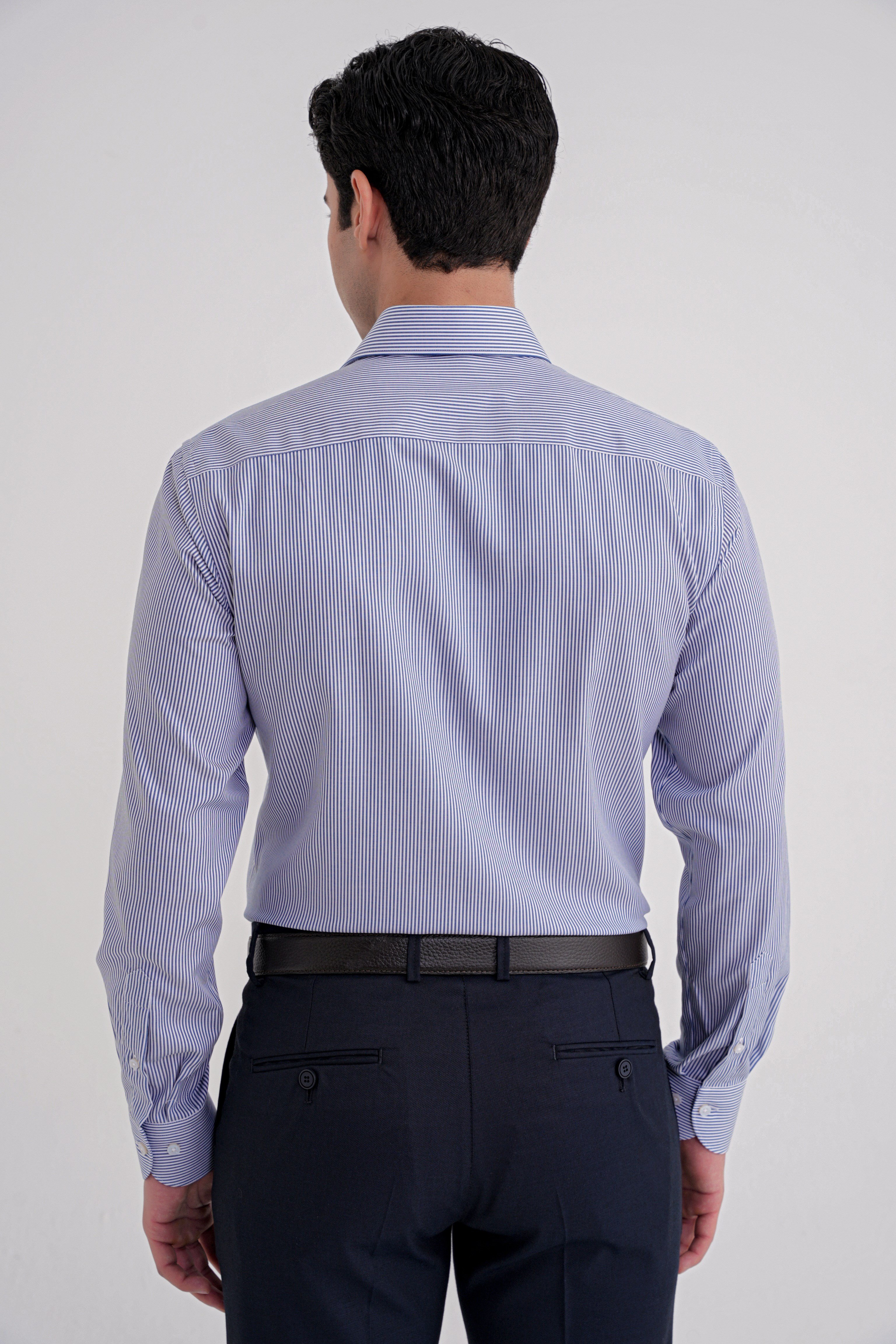 Slim Fit %100 Pamuk İtalyan Yaka Çizgili Lacivert Gömlek GK 751