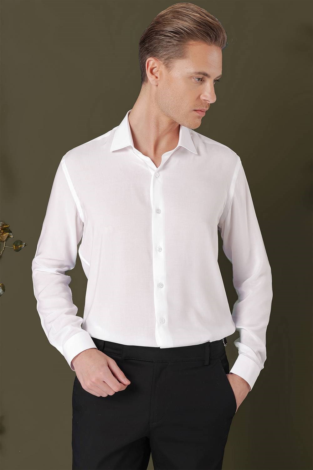 Slim Fit %100 Pamuk Kravat Yaka Düz Beyaz 1 Gömlek GK 709