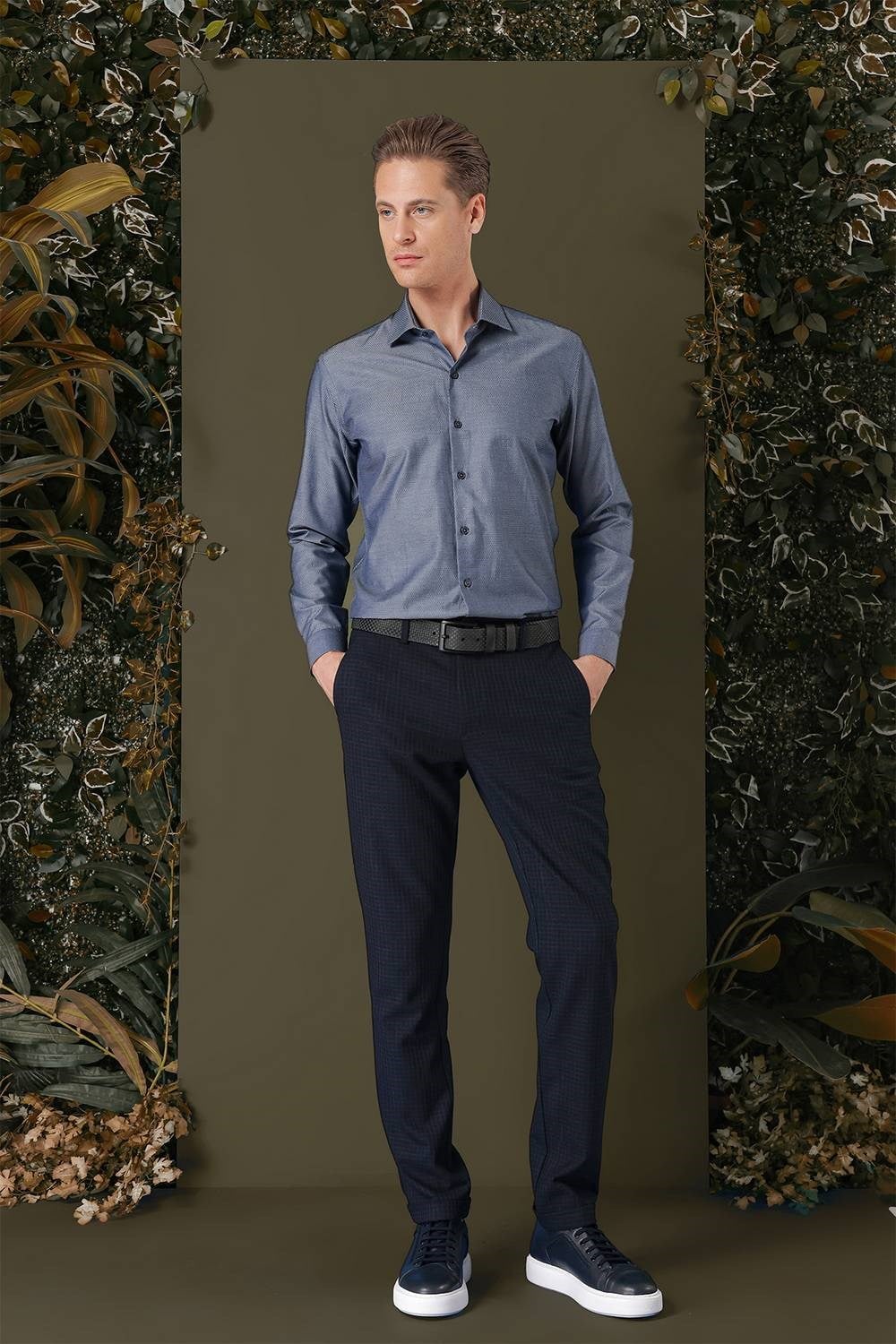 Slim Fit %100 Pamuk Kravat Yaka Düz Füme Gömlek GK 709