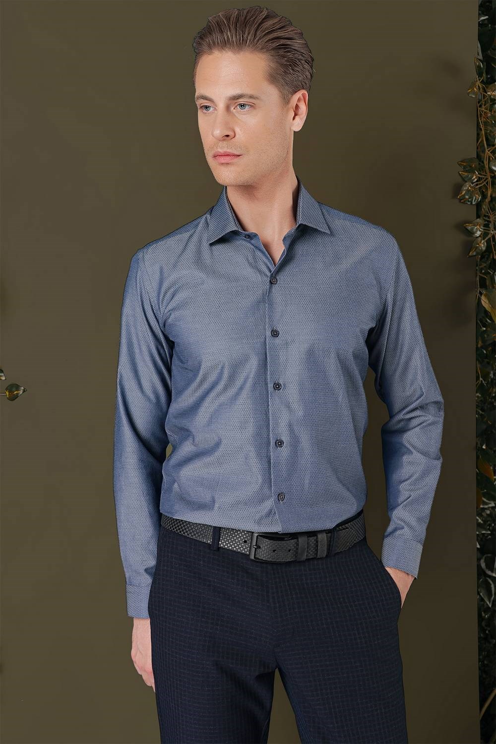Slim Fit %100 Pamuk Kravat Yaka Düz Füme Gömlek GK 709