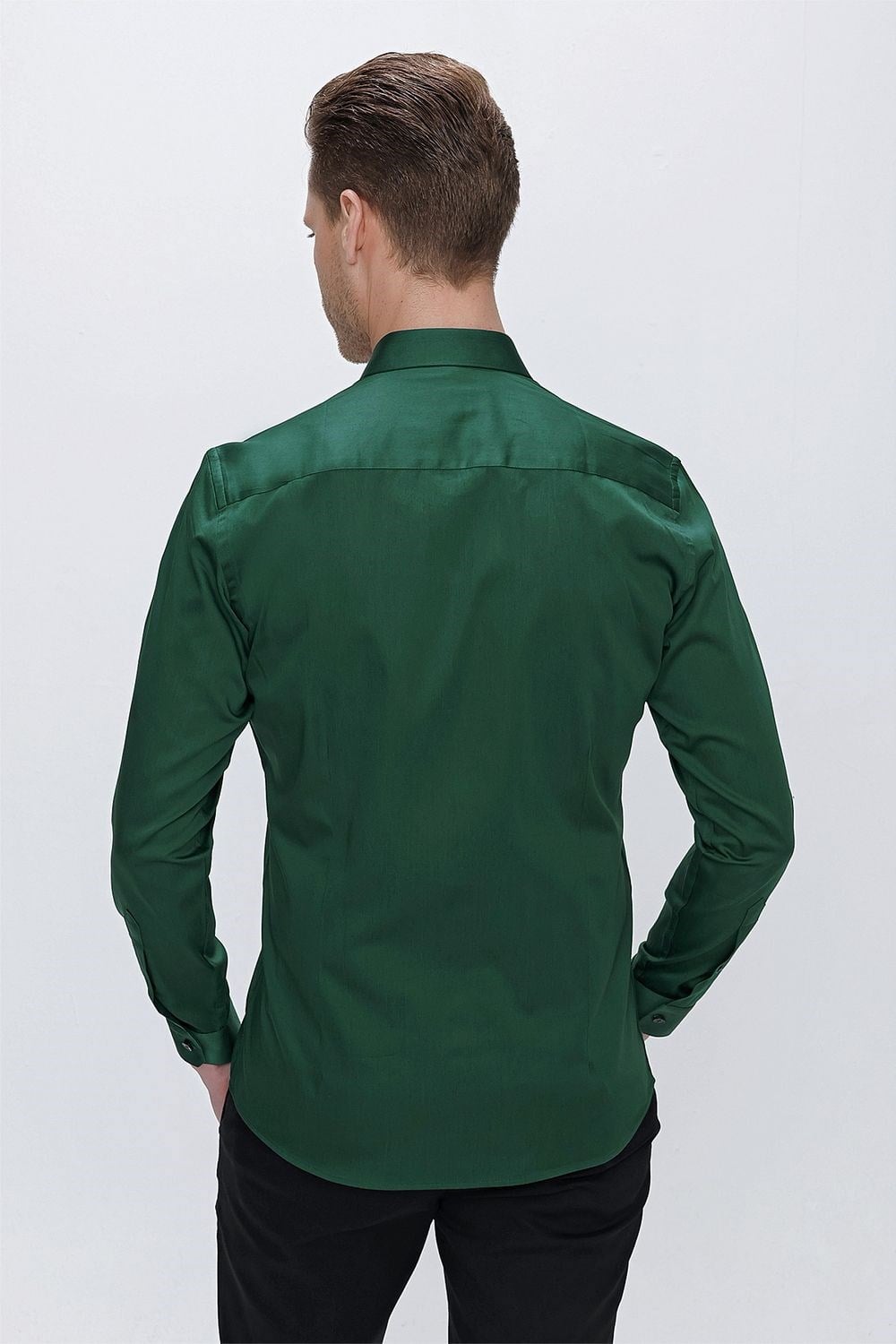 Slim Fit %100 Pamuk Kravat Yaka Düz Yeşil Gömlek GK 669