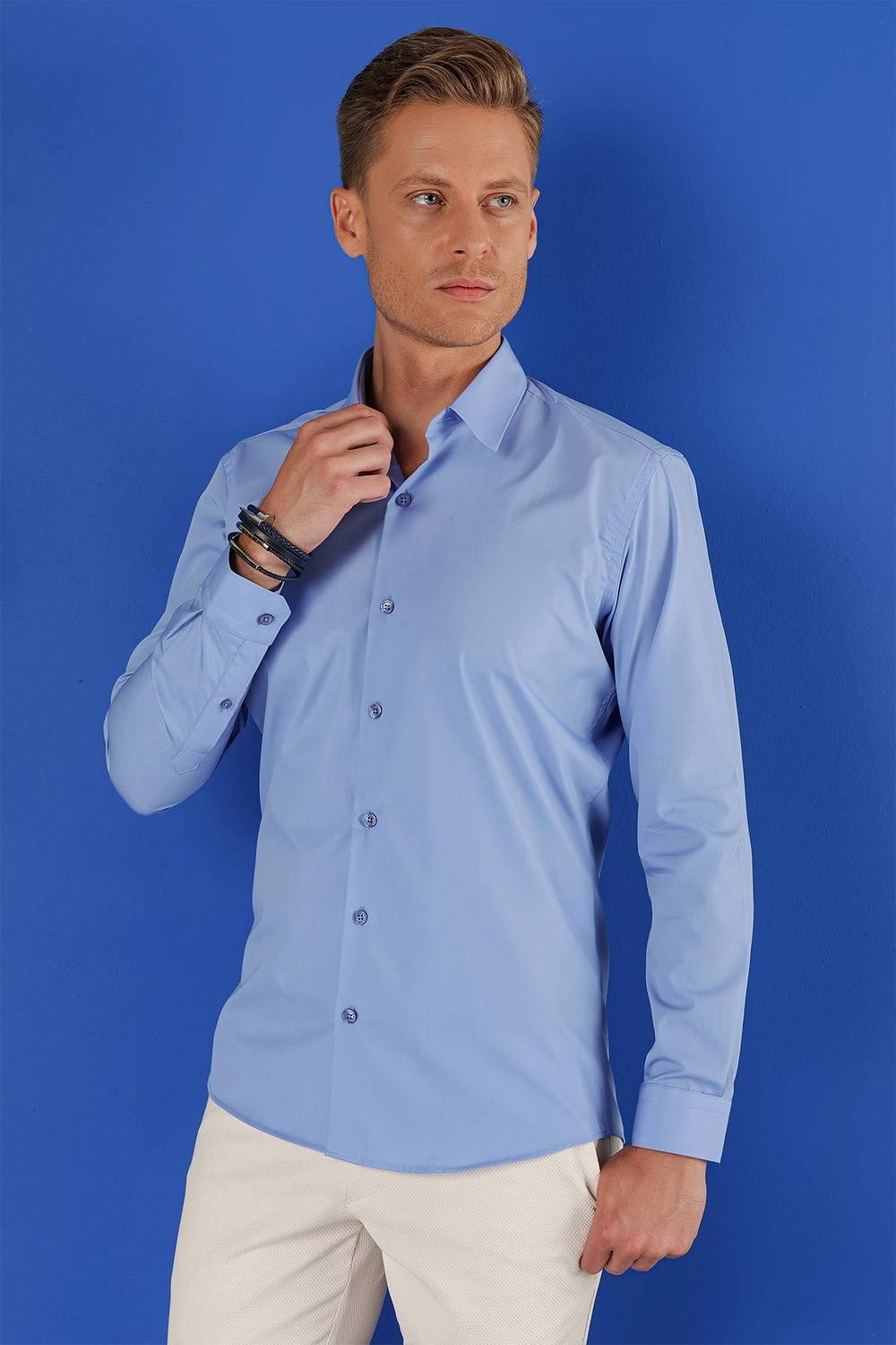 Slim Fit %100 Pamuk Kravat Yaka Koyu Mavi Gömlek GK 683
