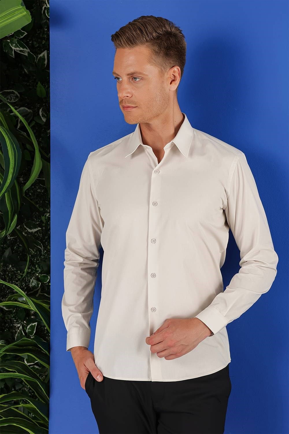 Slim Fit %100 Pamuk Kravat Yaka Taş Gömlek GK 683