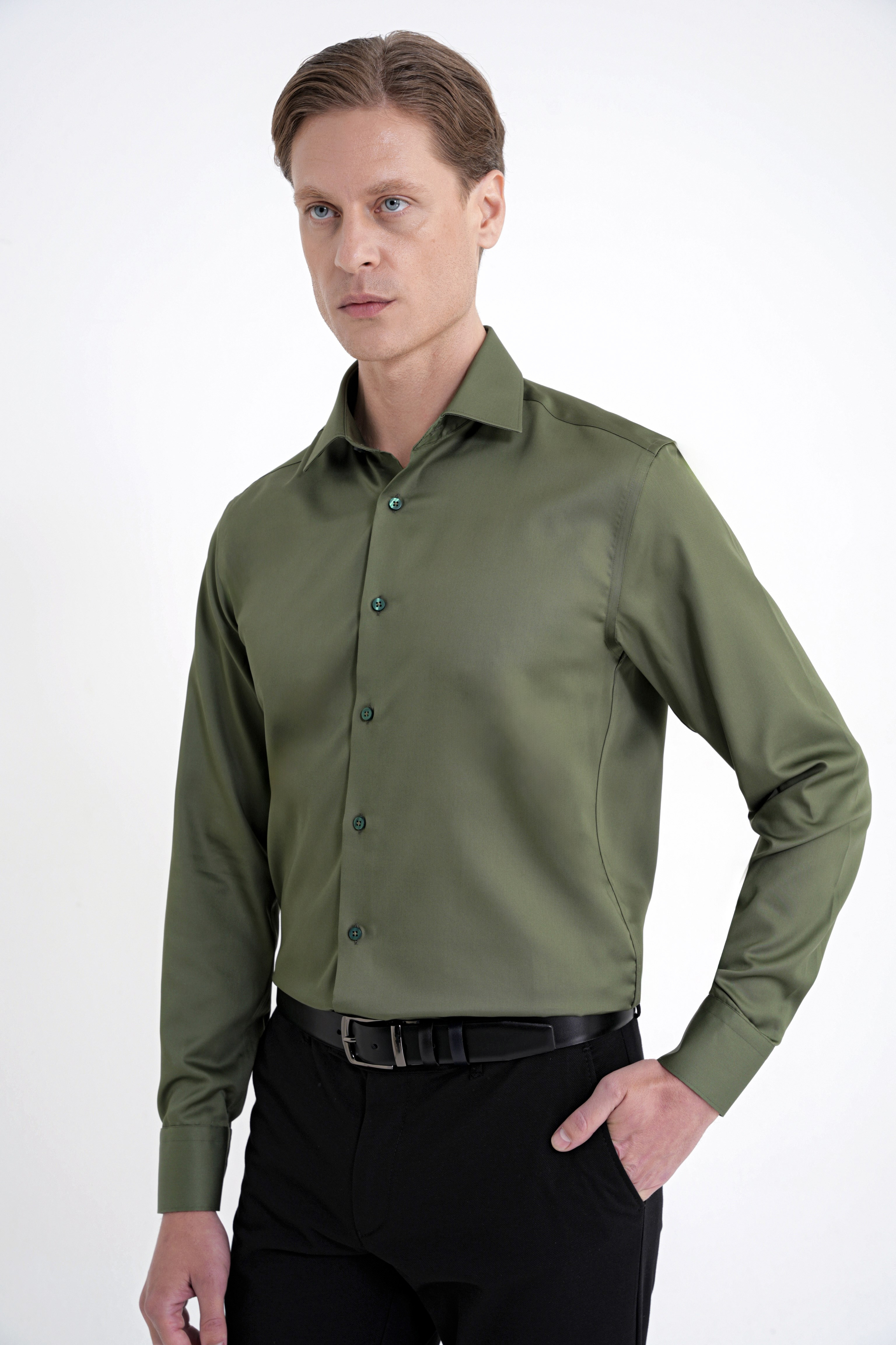 Slim Fit %100 Pamuk Non Iron Kumaş Haki Gömlek Gk 734