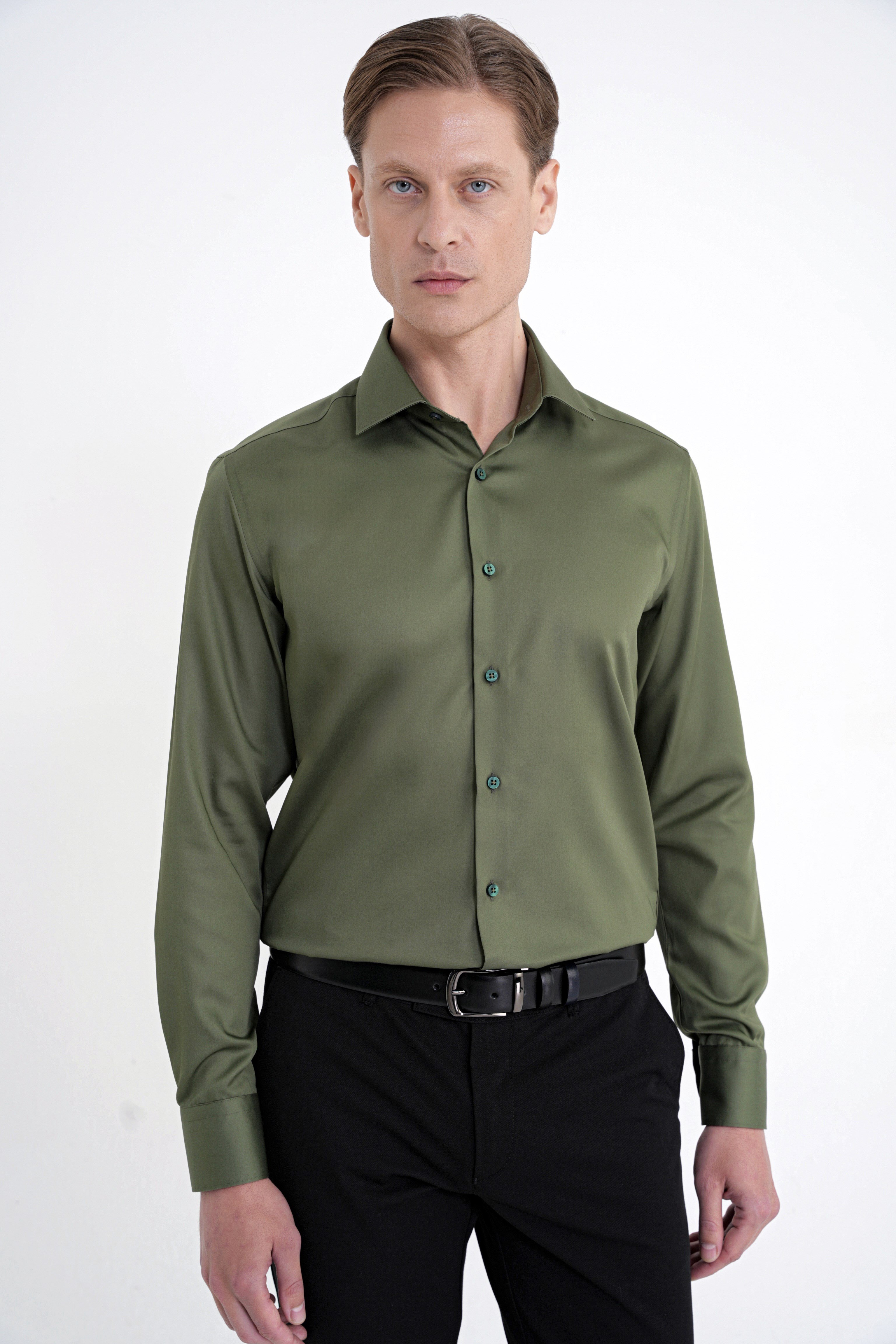 Slim Fit %100 Pamuk Non Iron Kumaş Haki Gömlek Gk 734