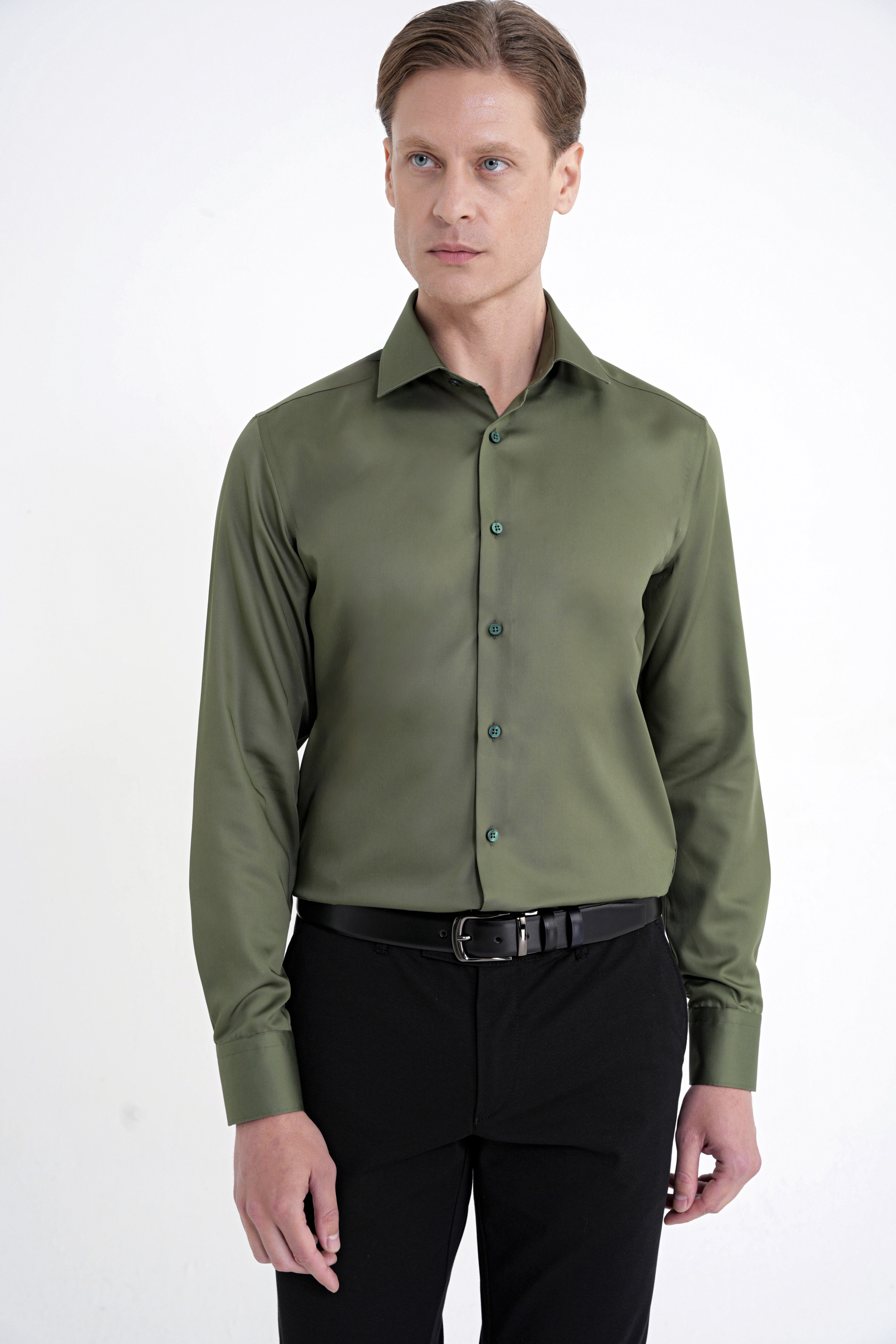 Slim Fit %100 Pamuk Non Iron Kumaş Haki Gömlek Gk 734