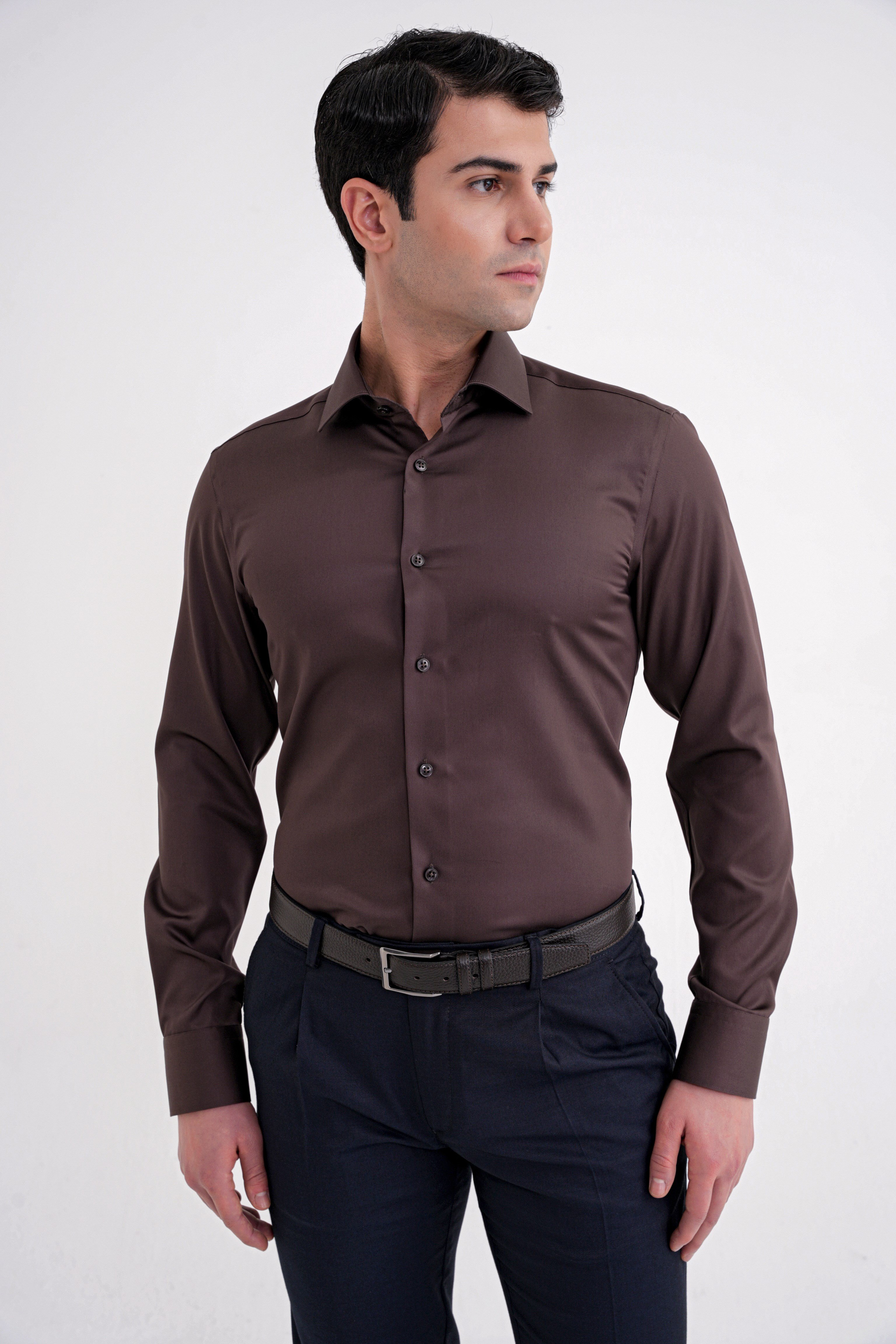 Slim Fit %100 Pamuk Non Iron Kumaş Kahverengi Gömlek Gk 734