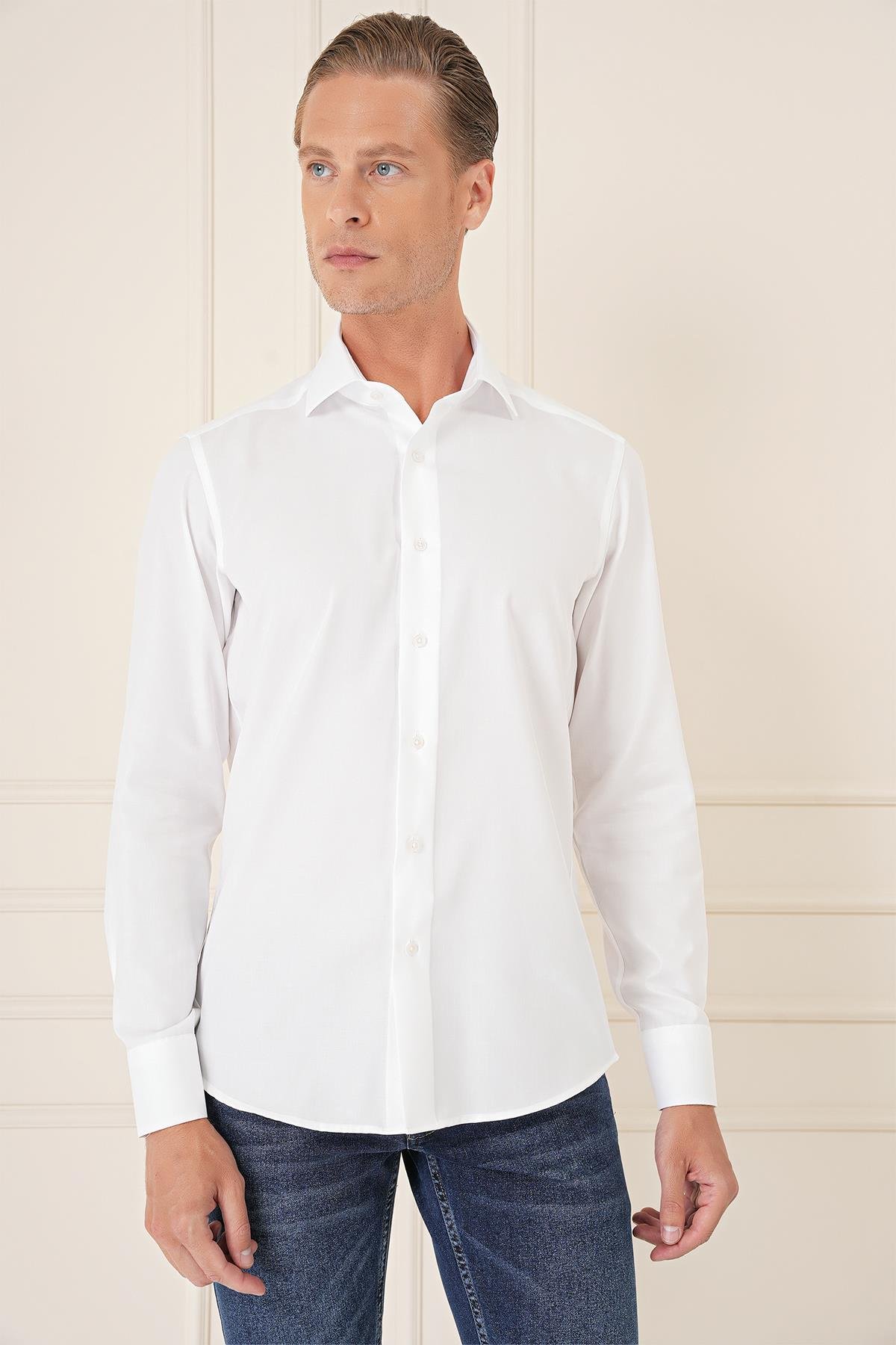 Slim Fit %100 Pamuk Non Iron Kumaş Klasik Beyaz Gömlek  Gk 735