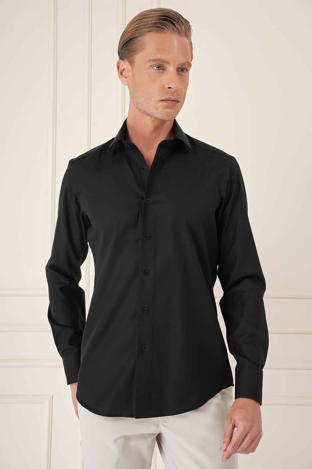Slim Fit %100 Pamuk Non Iron Kumaş Klasik Siyah Gömlek  Gk 735