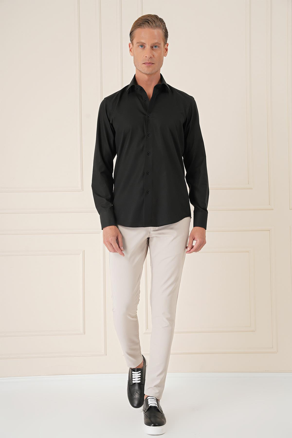 Slim Fit %100 Pamuk Non Iron Kumaş Klasik Siyah Gömlek  Gk 735
