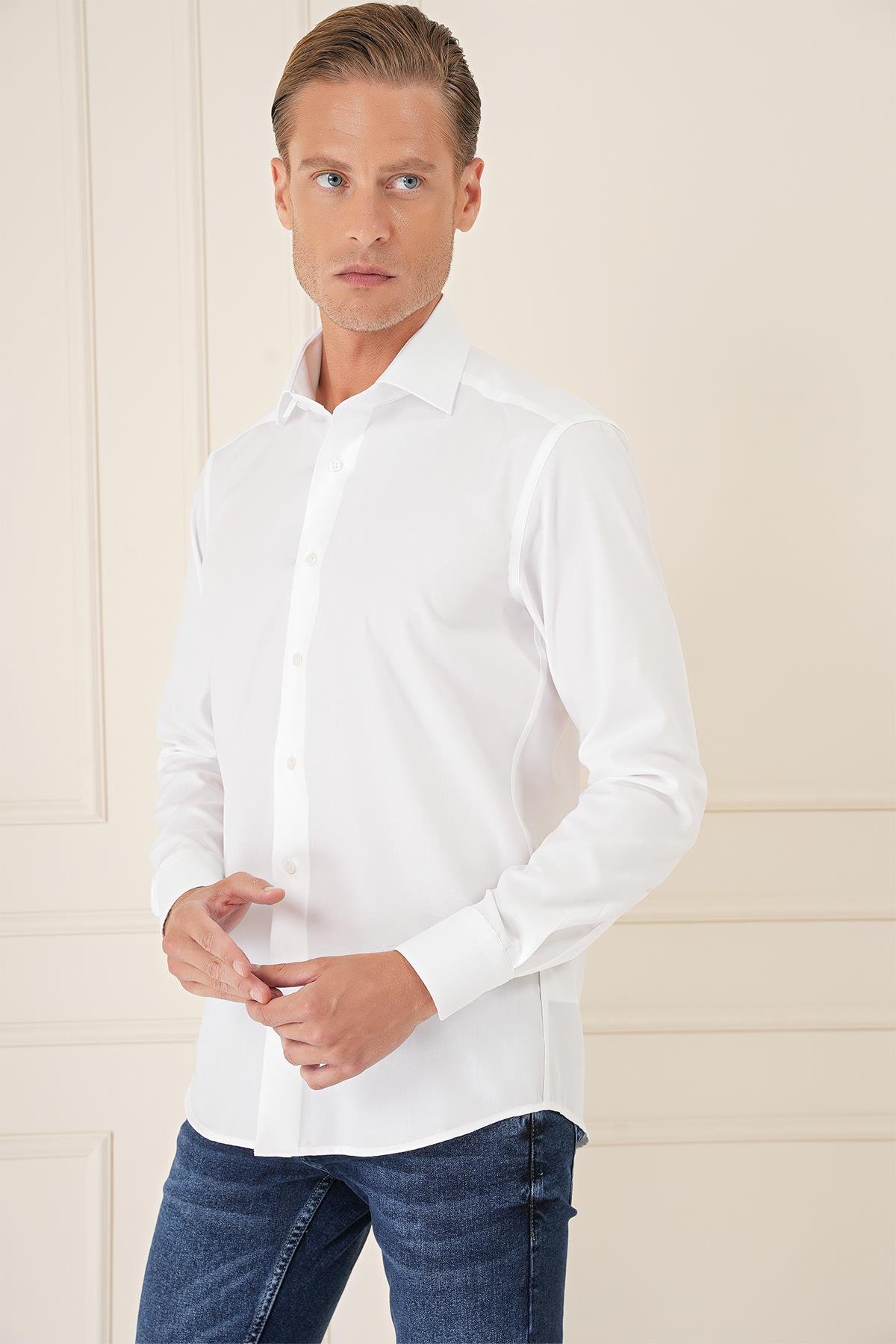 Slim Fit %100 Pamuk Non Iron Kumaş Klasik Beyaz Gömlek  Gk 735