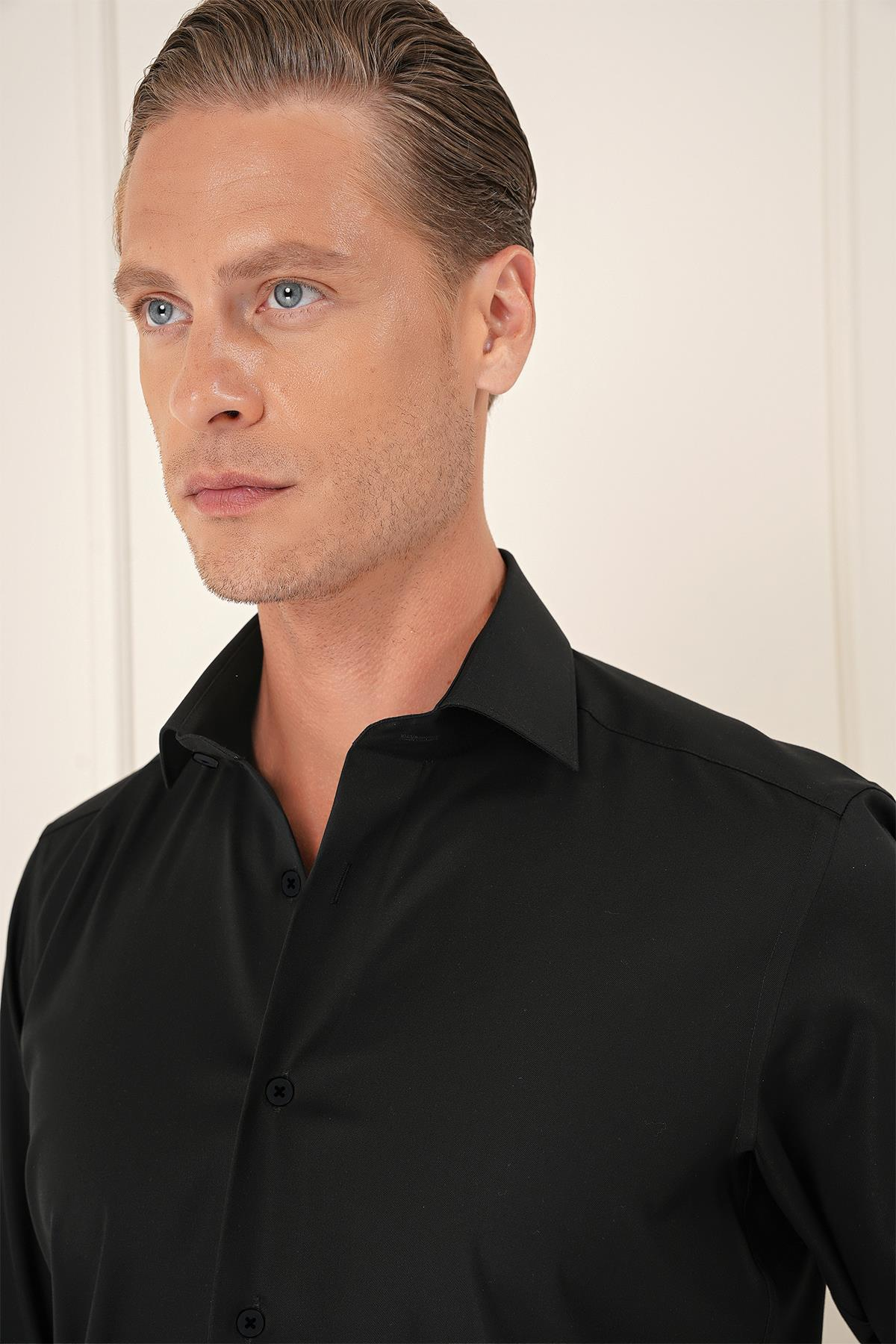 Slim Fit %100 Pamuk Non Iron Kumaş Klasik Siyah Gömlek  Gk 735