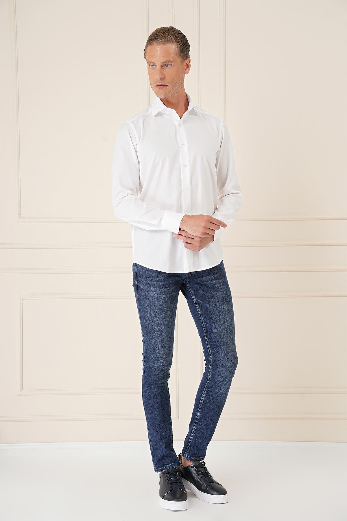 Slim Fit %100 Pamuk Non Iron Kumaş Klasik Beyaz Gömlek  Gk 735