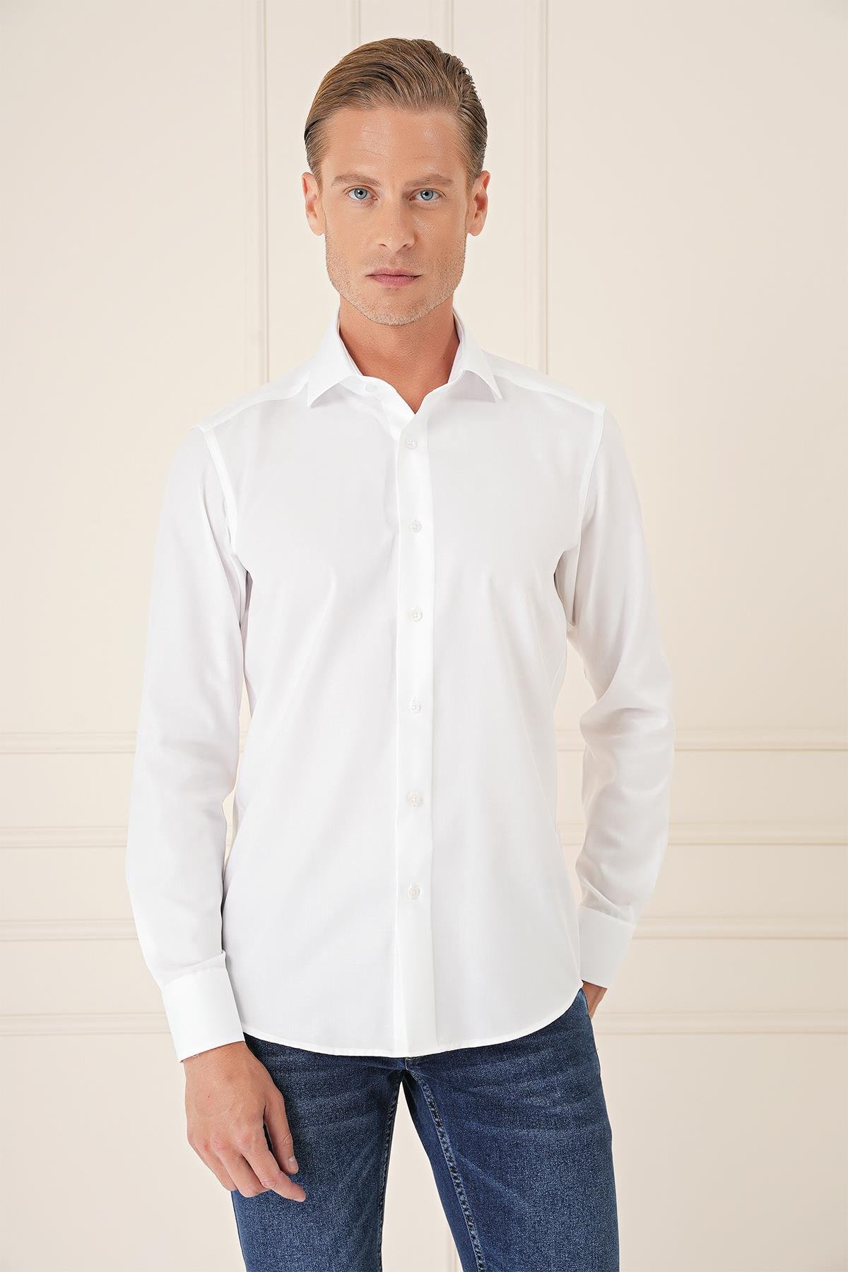 Slim Fit %100 Pamuk Non Iron Kumaş Klasik Beyaz Gömlek  Gk 735