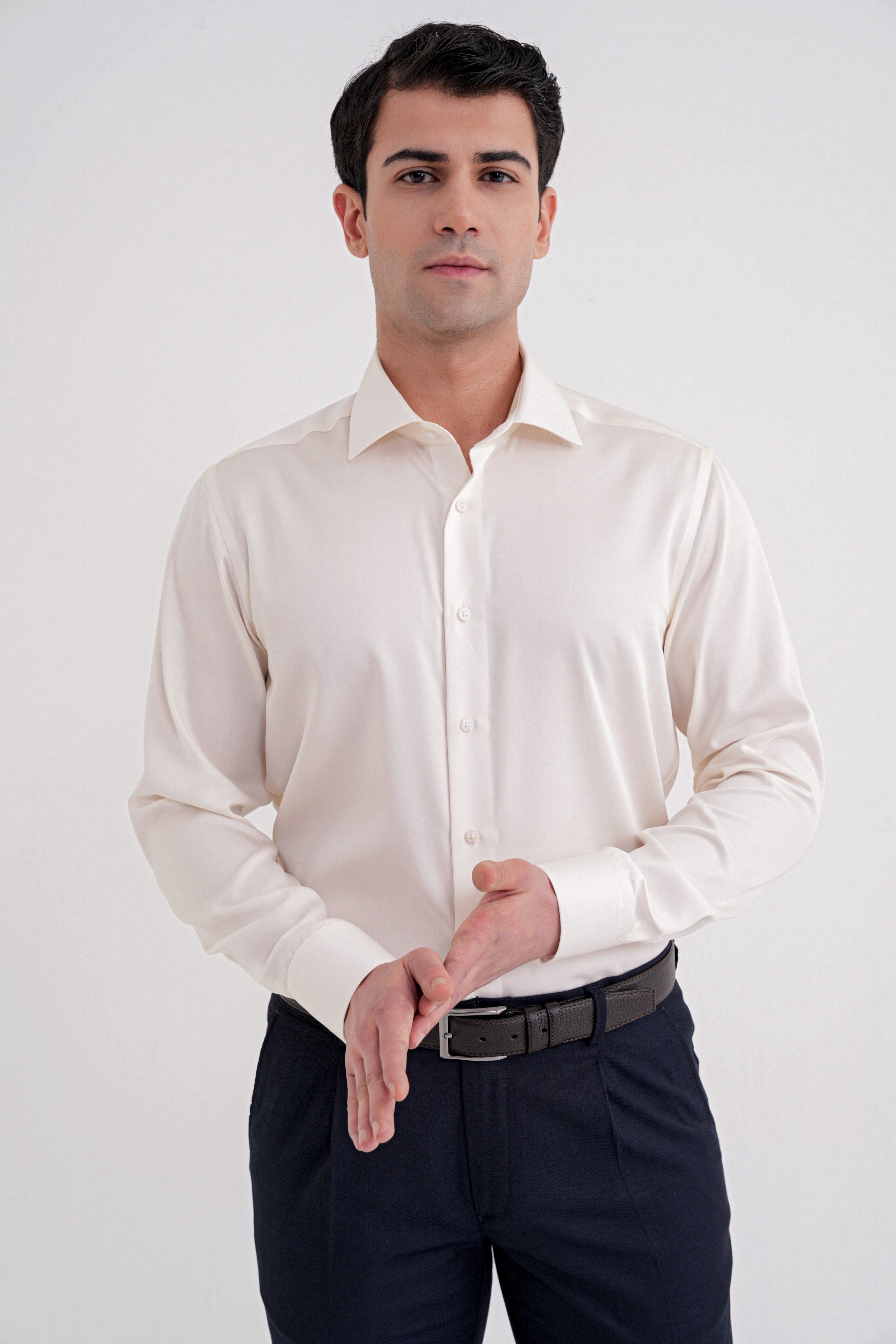 Slim Fit %100 Pamuk Non Iron Kumaş Krem Gömlek Gk 734