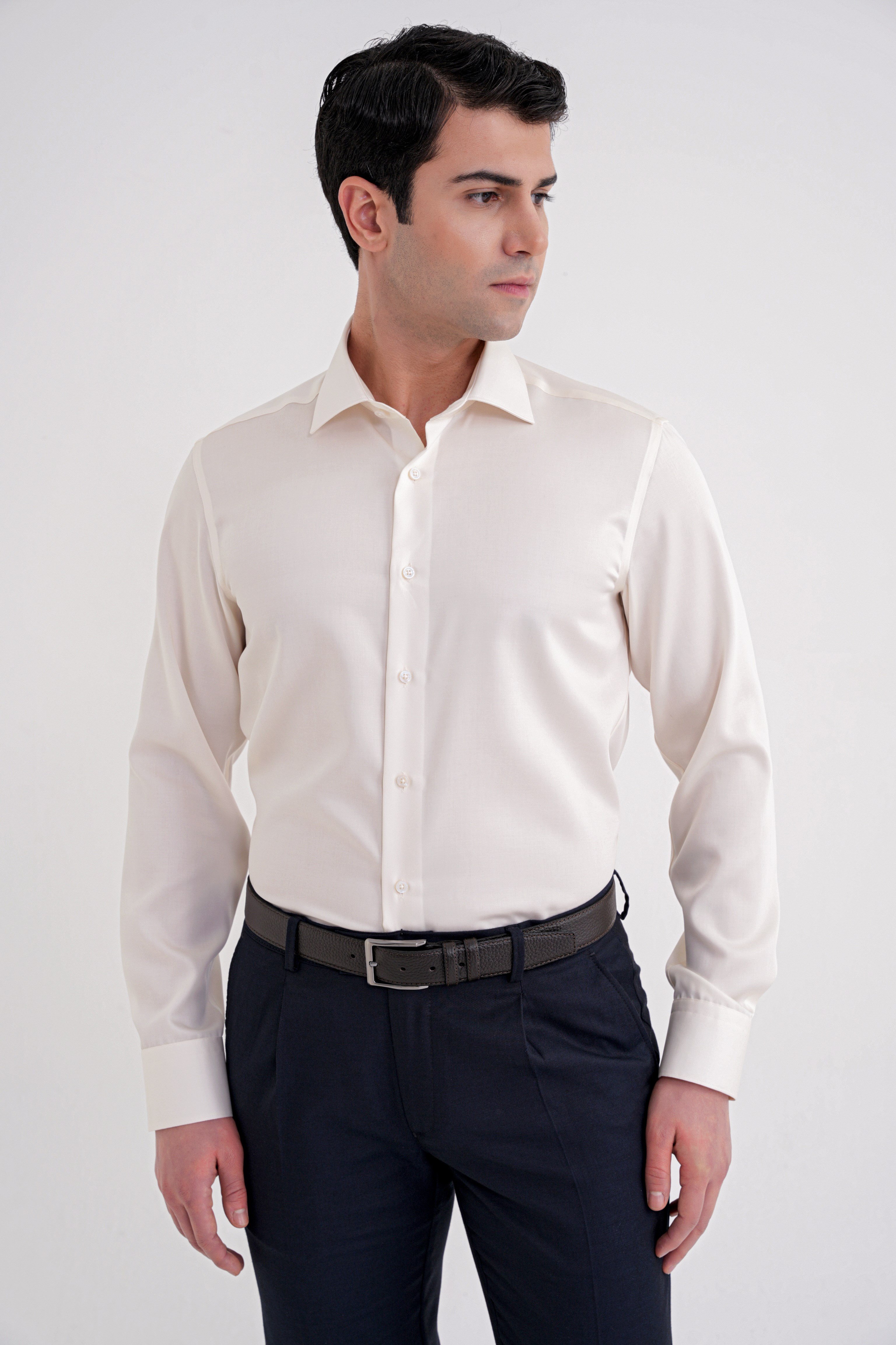 Slim Fit %100 Pamuk Non Iron Kumaş Krem Gömlek Gk 734