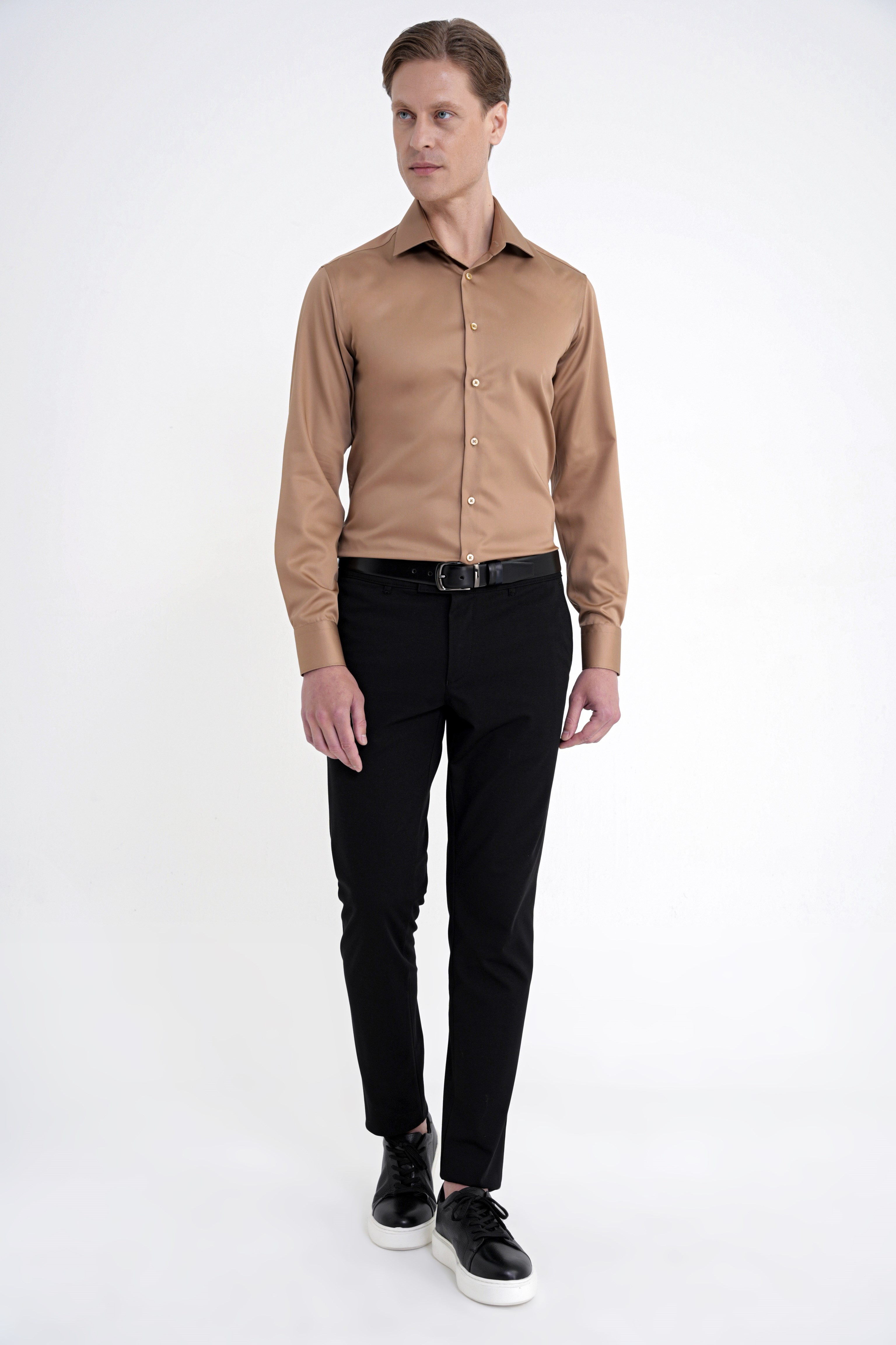 Slim Fit %100 Pamuk Non Iron Kumaş Taba Gömlek Gk 734