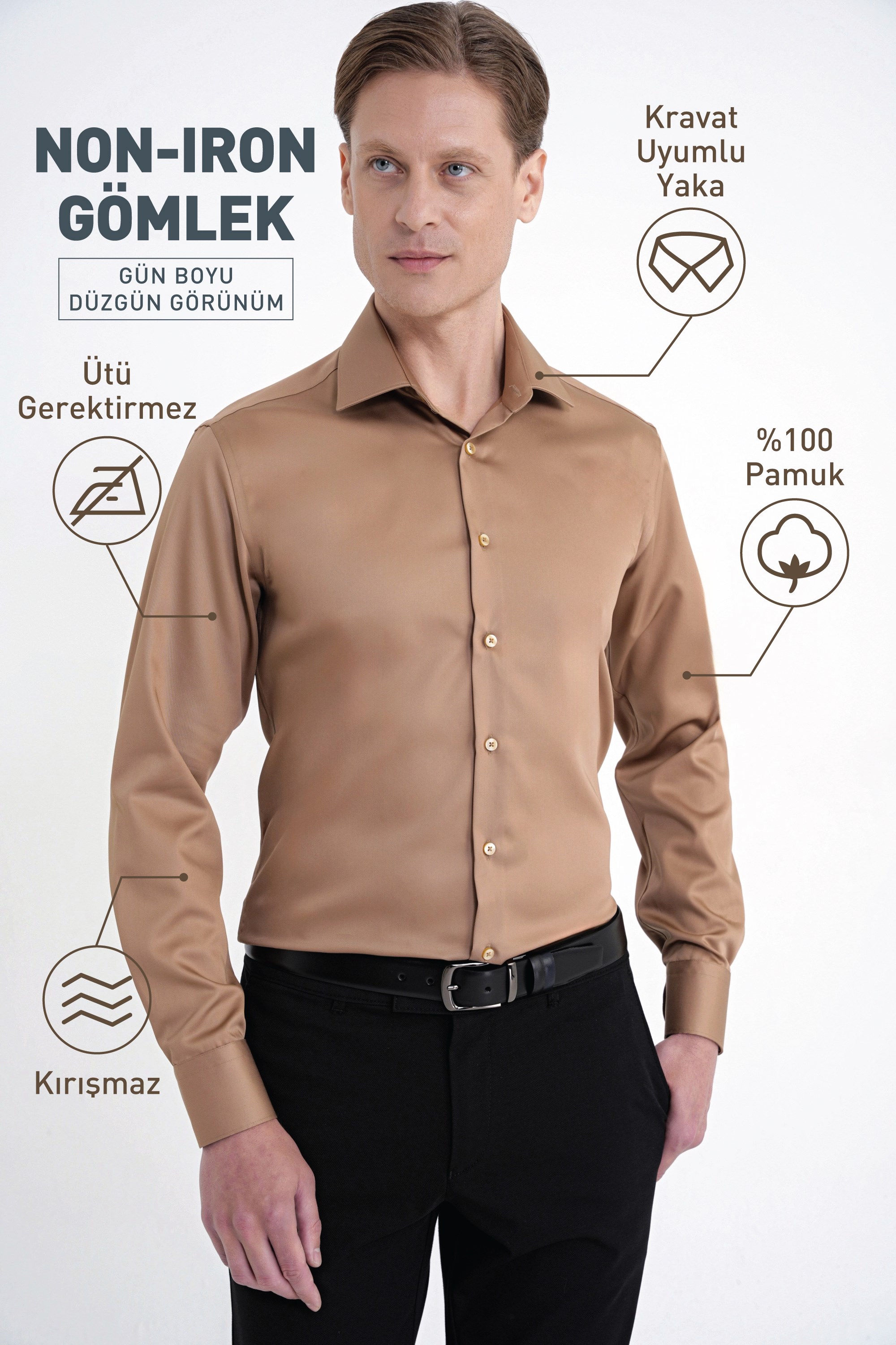 Slim Fit %100 Pamuk Non Iron Kumaş Taba Gömlek Gk 734