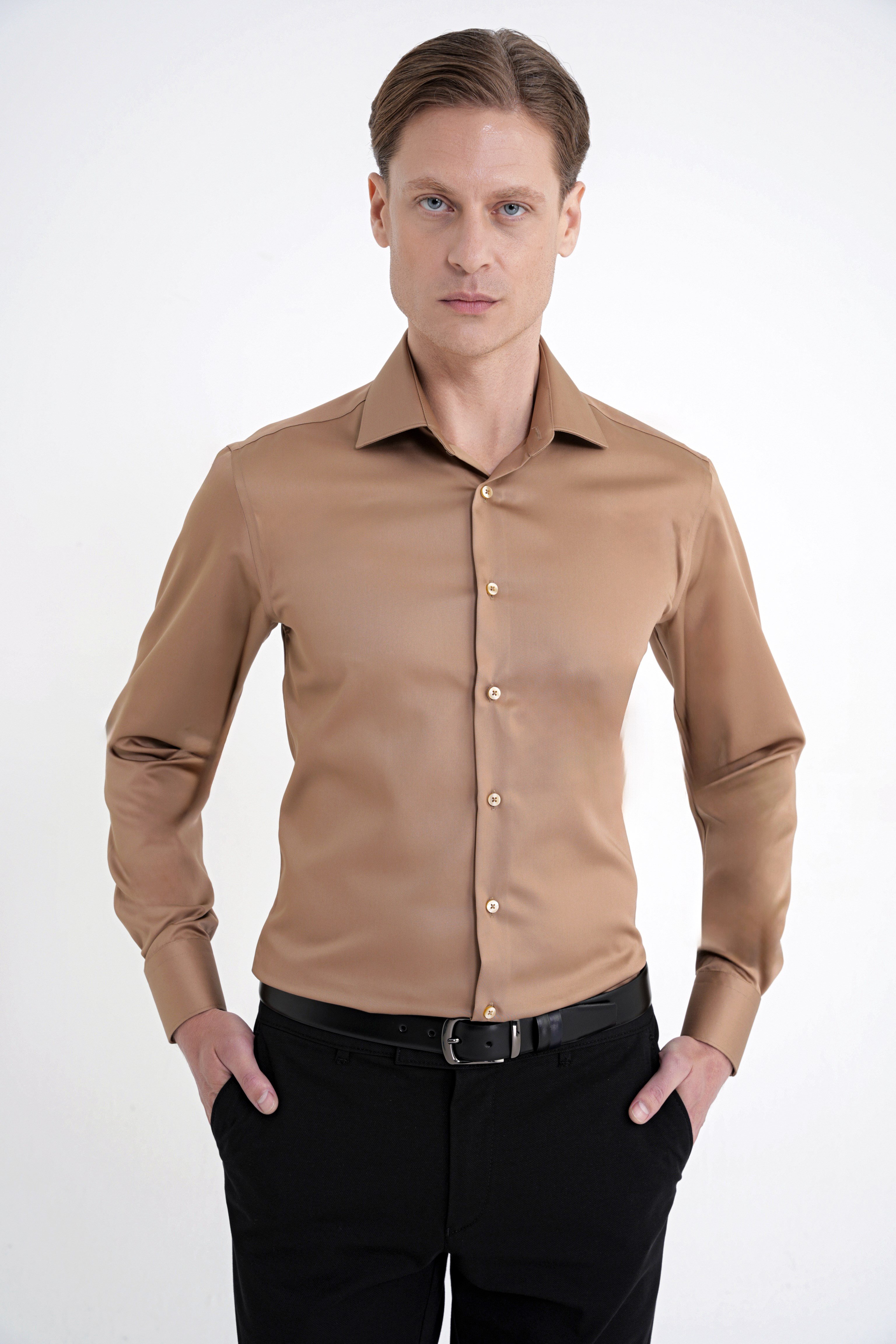 Slim Fit %100 Pamuk Non Iron Kumaş Taba Gömlek Gk 734