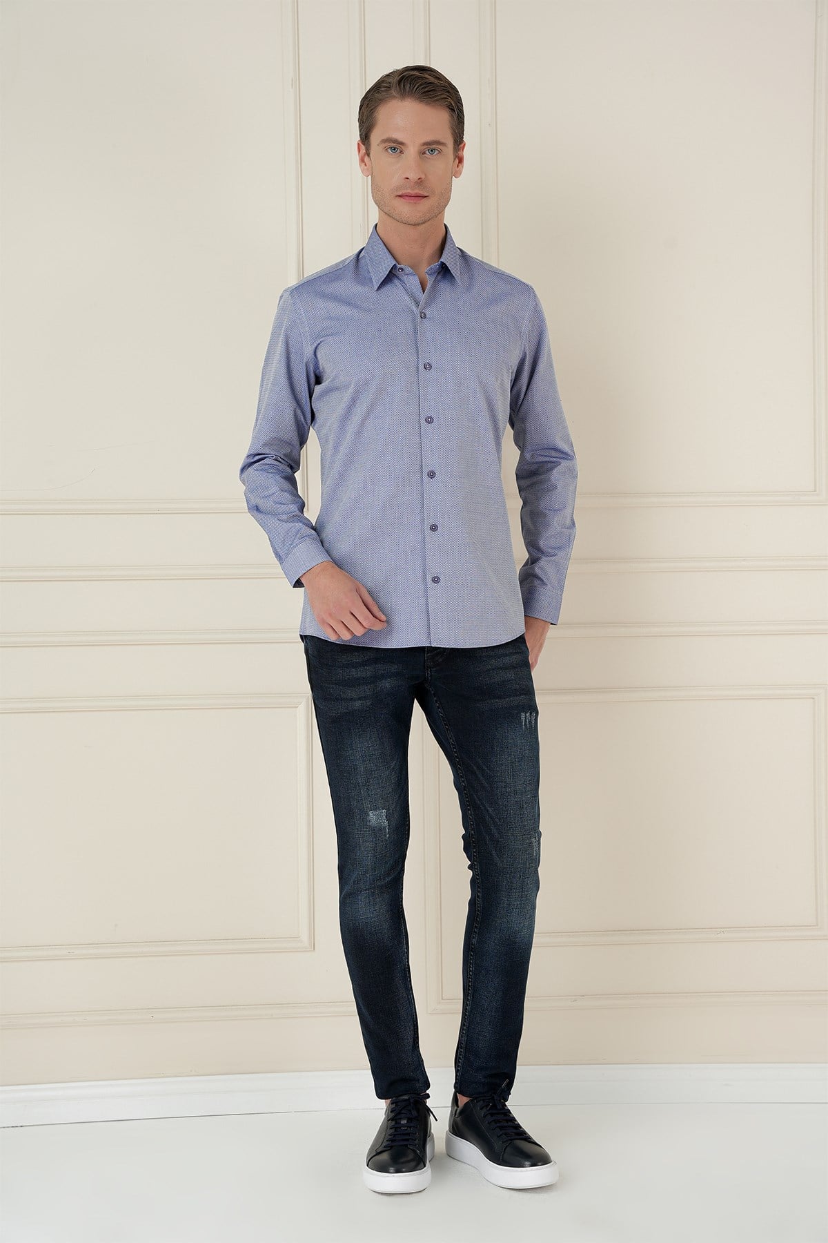 Slim Fit %100 Pamuk Uzun Kol Dokulu İndigo Gömlek  Gk 749