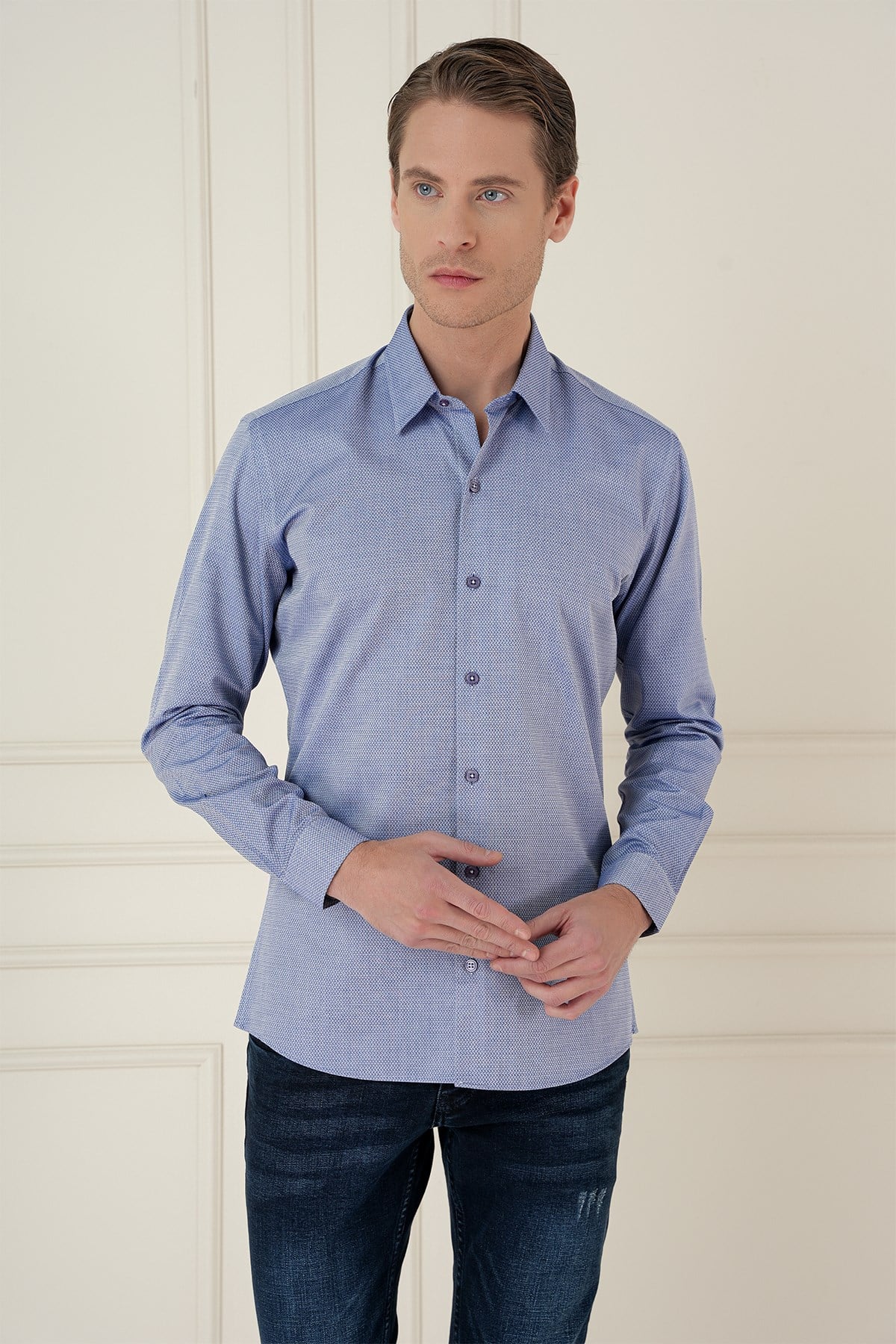 Slim Fit %100 Pamuk Uzun Kol Dokulu İndigo Gömlek  Gk 749