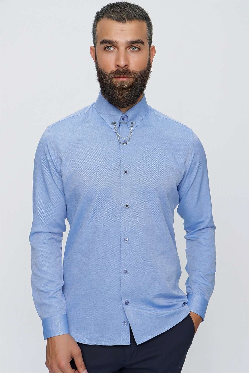 Slim Fit %100 Pamuk Yaka Zincirli Uzun Kollu Mavi Gömlek GK 647