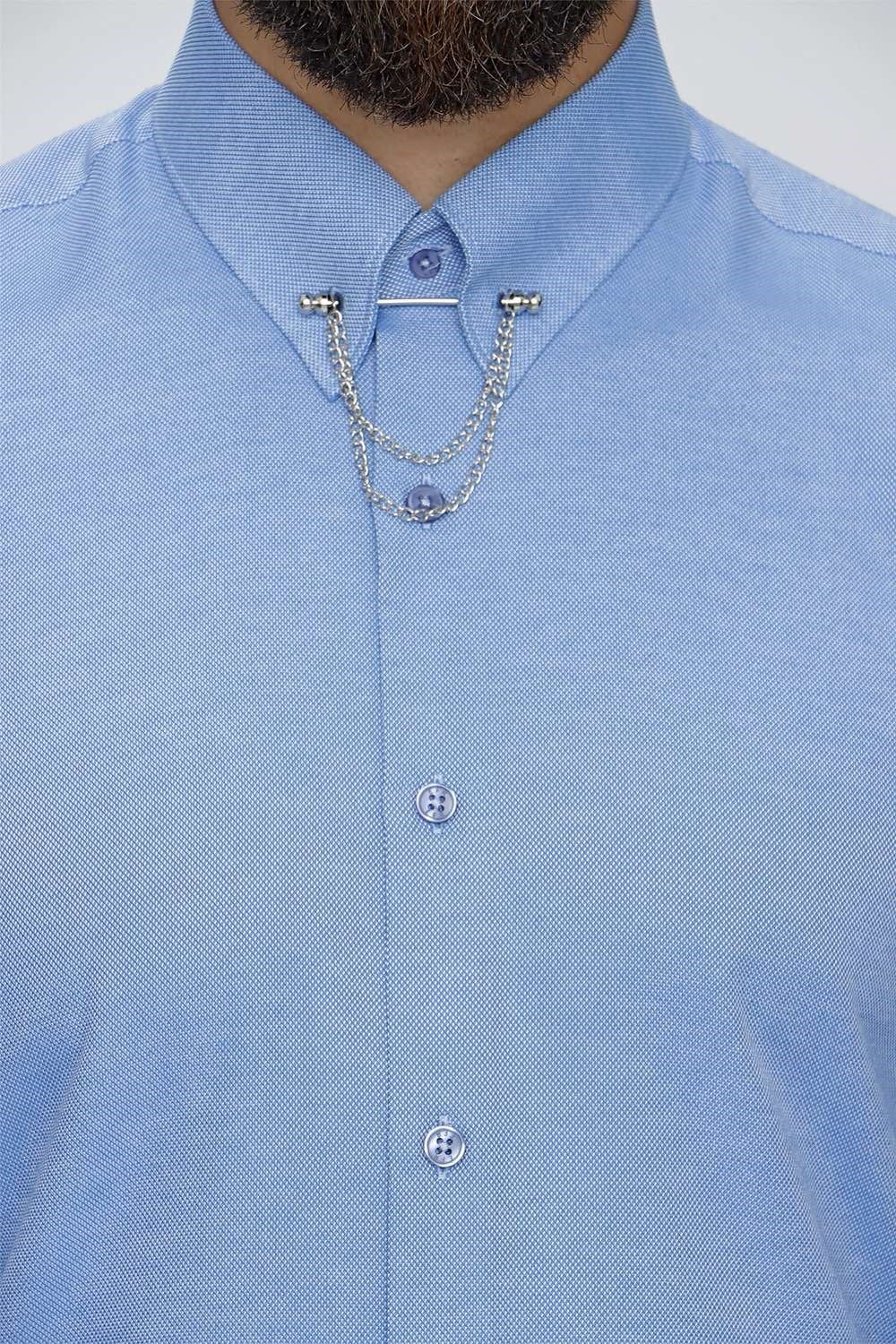 Slim Fit %100 Pamuk Yaka Zincirli Uzun Kollu Mavi Gömlek GK 647