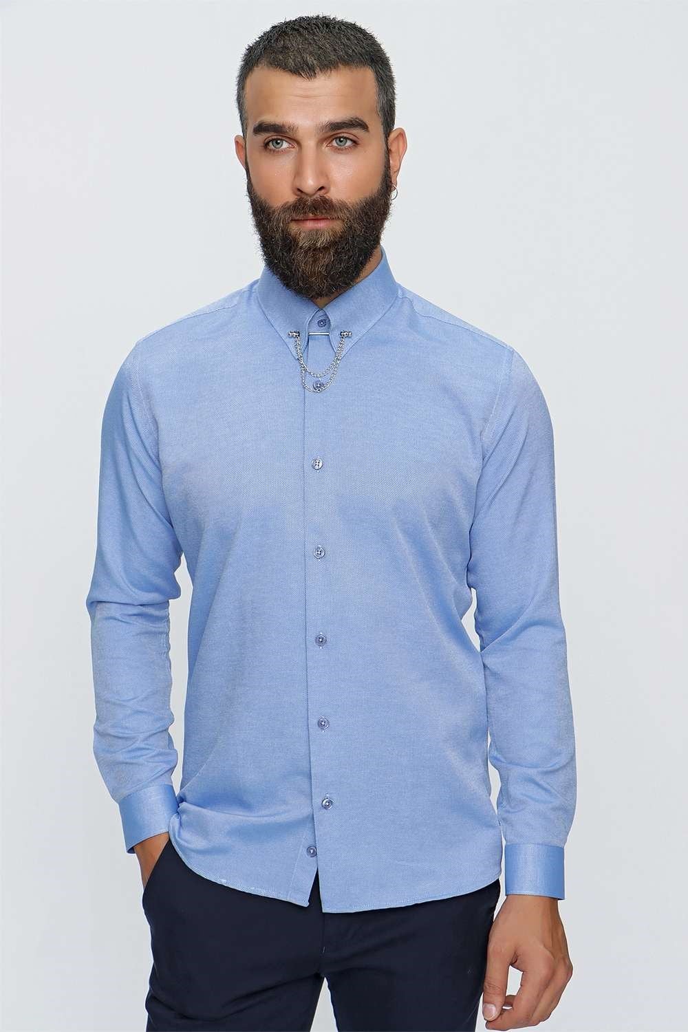 Slim Fit %100 Pamuk Yaka Zincirli Uzun Kollu Mavi Gömlek GK 647