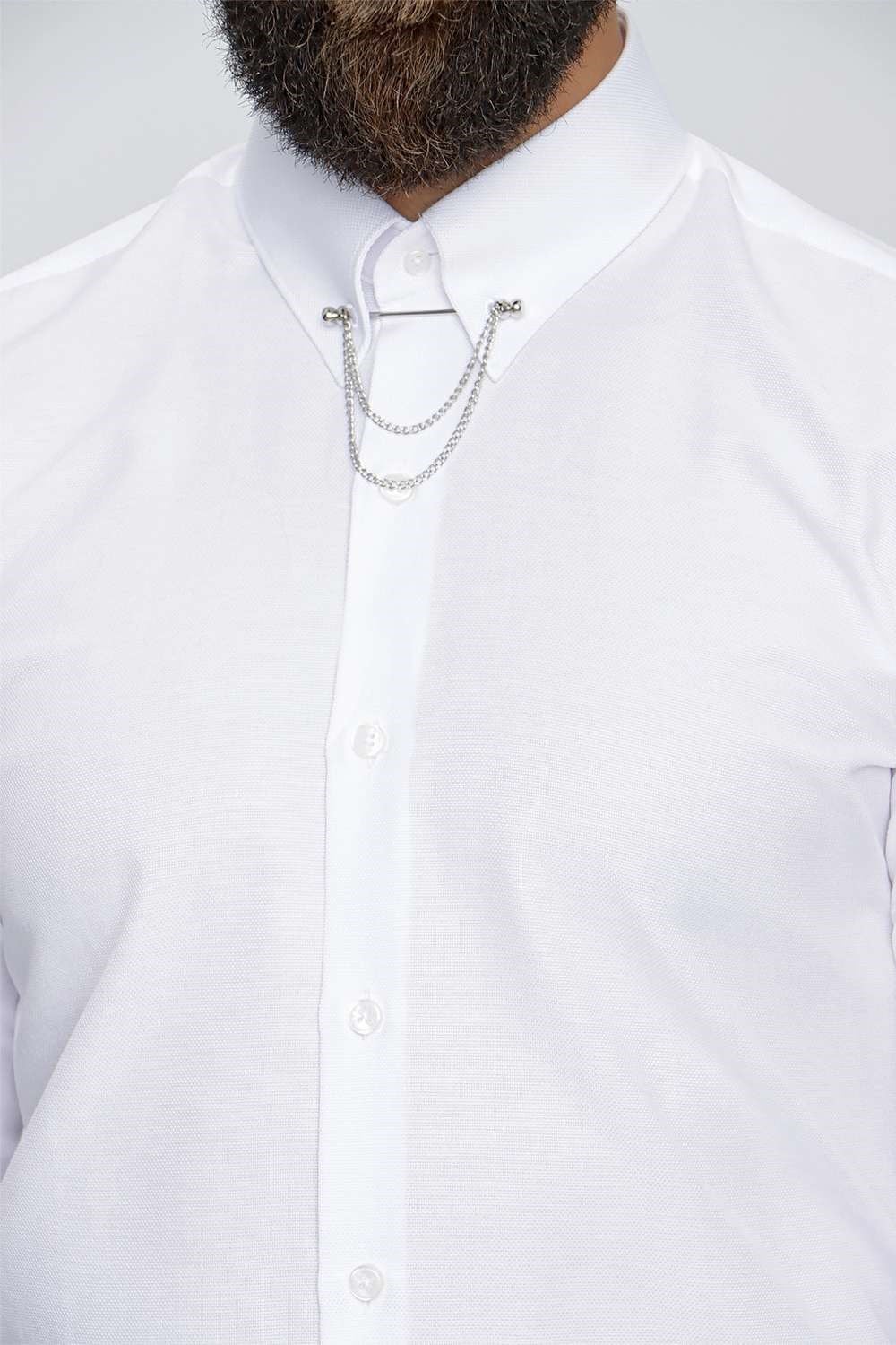 Slim Fit %100 Pamuk Yaka Zincirli Uzun Kollu Beyaz Gömlek GK 647