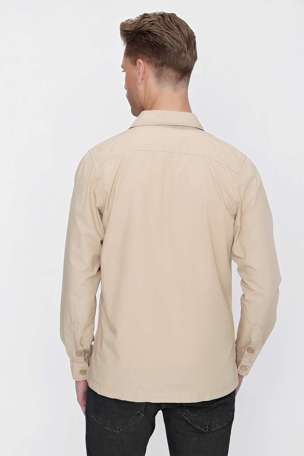 Slim Fit %100 Pamuk Yan Cep Gömlek Yaka Bej Spor Ceket C 618