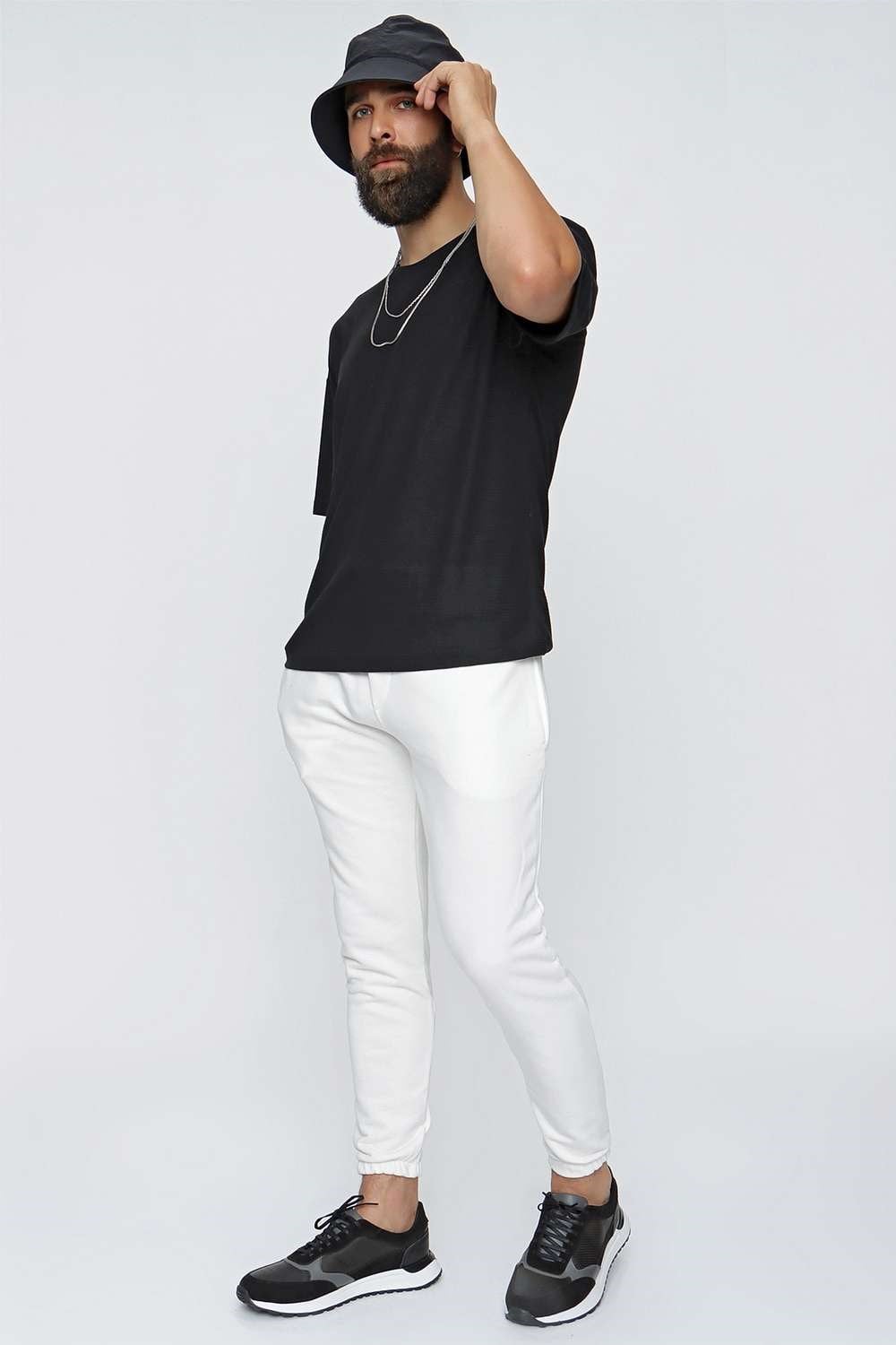 Slim Fit %100 Pamuk Yan Cepli İpli Beyaz Jogger Pantolon ATP 025