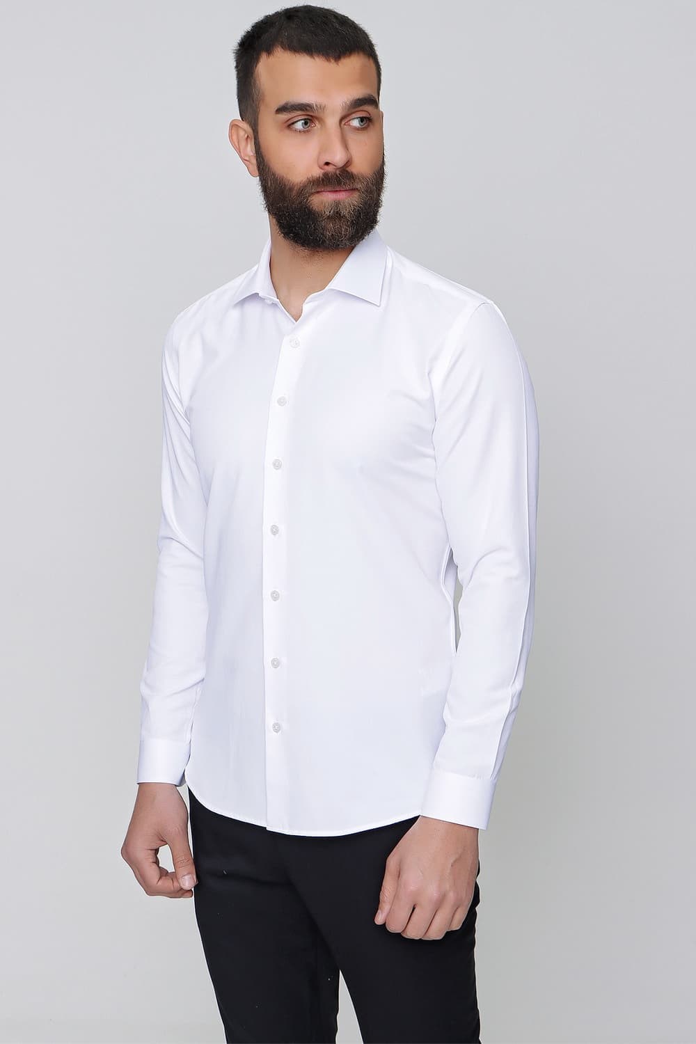 Slim Fit %100 Pamuk Yarım İtalyan Yaka Düz Beyaz Gömlek GK 765