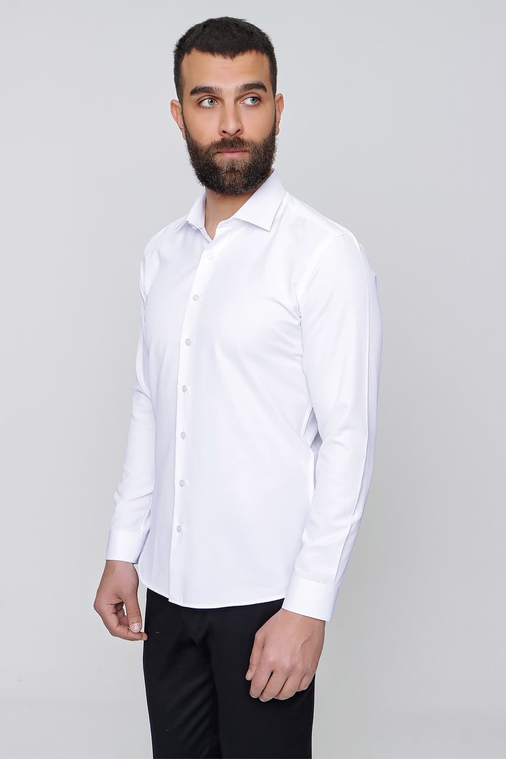 Slim Fit %100 Pamuk Yarım İtalyan Yaka Düz Beyaz Gömlek GK 765