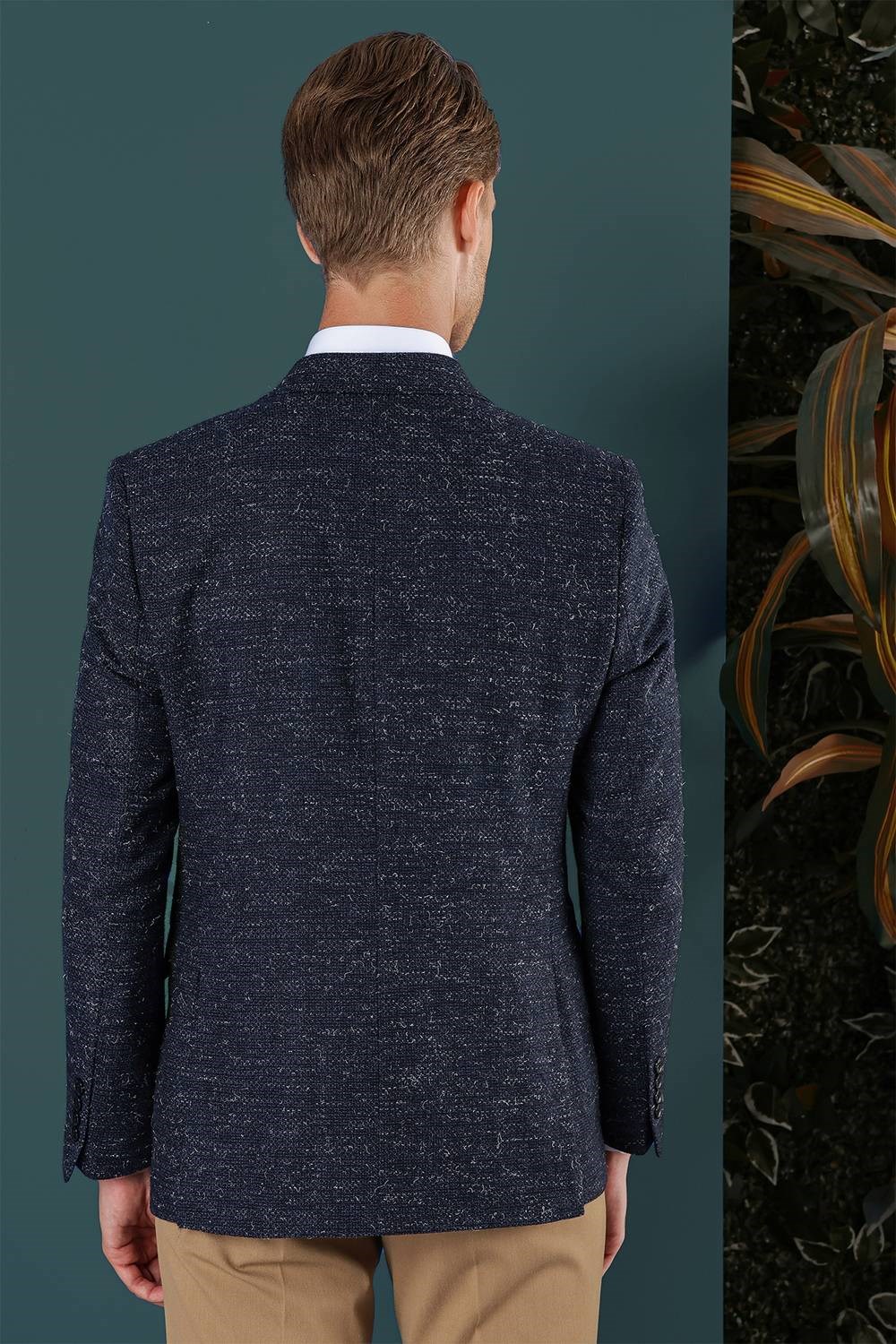 Slim Fit %100 Yün Kırçıllı Dokuma Lacivert Kruvaze Ceket C 654