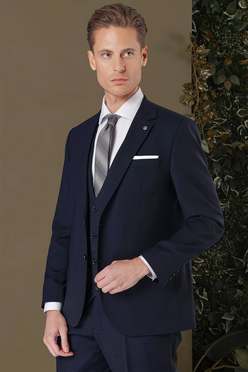 Slim Fit %94 Yün Esnek Pötikare Desenli Lacivert Yelekli Takım Elbise TK 887
