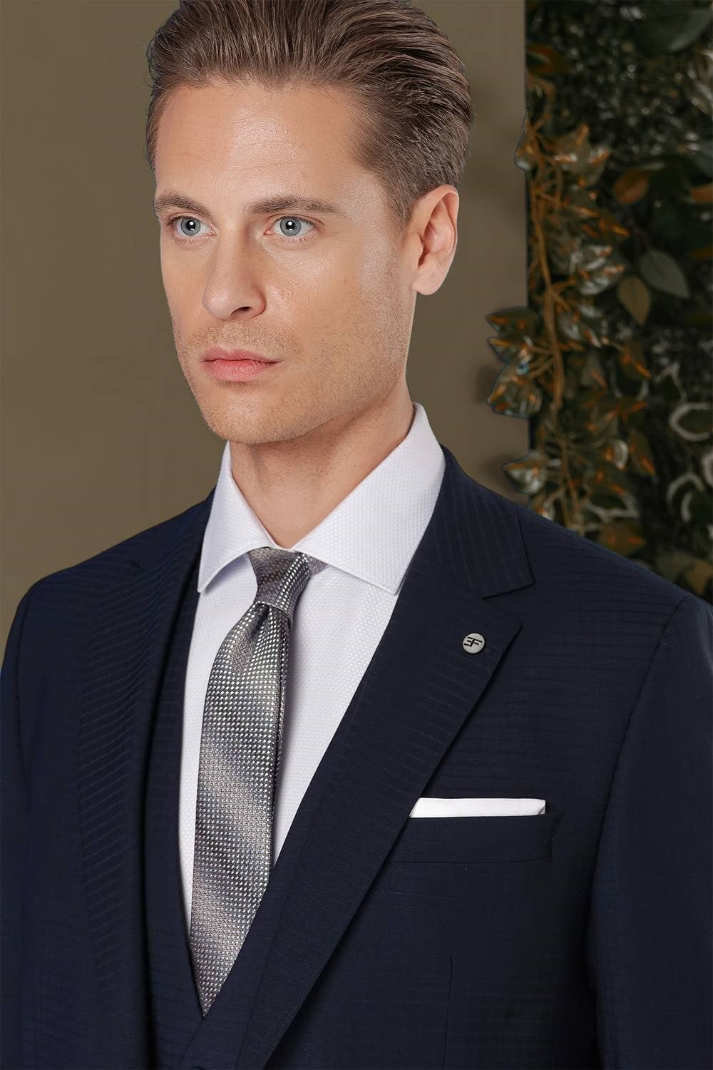 Slim Fit %94 Yün Esnek Pötikare Desenli Lacivert Yelekli Takım Elbise TK 887