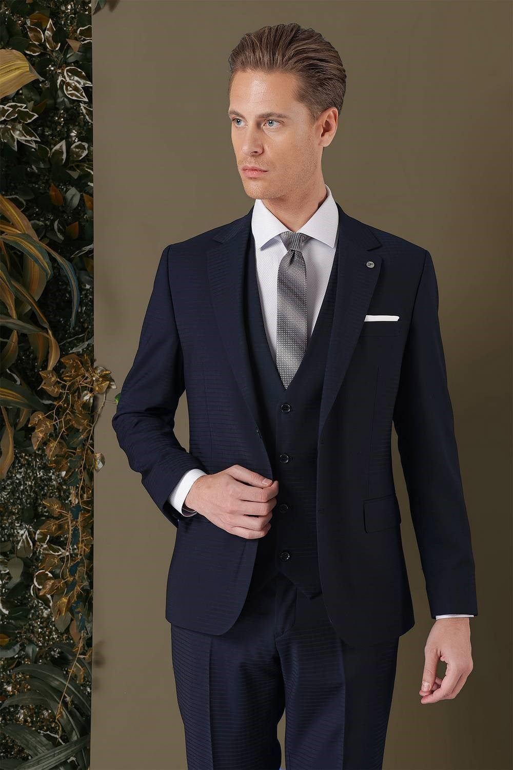 Slim Fit %94 Yün Esnek Pötikare Desenli Lacivert Yelekli Takım Elbise TK 887