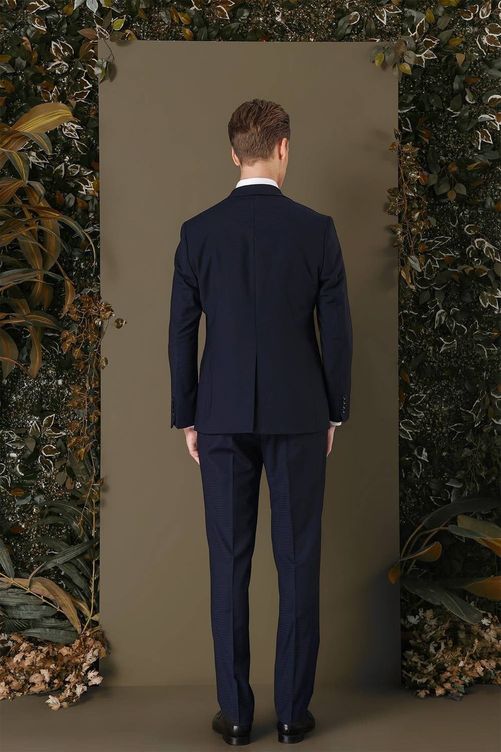 Slim Fit %94 Yün Esnek Pötikare Desenli Lacivert Yelekli Takım Elbise TK 887